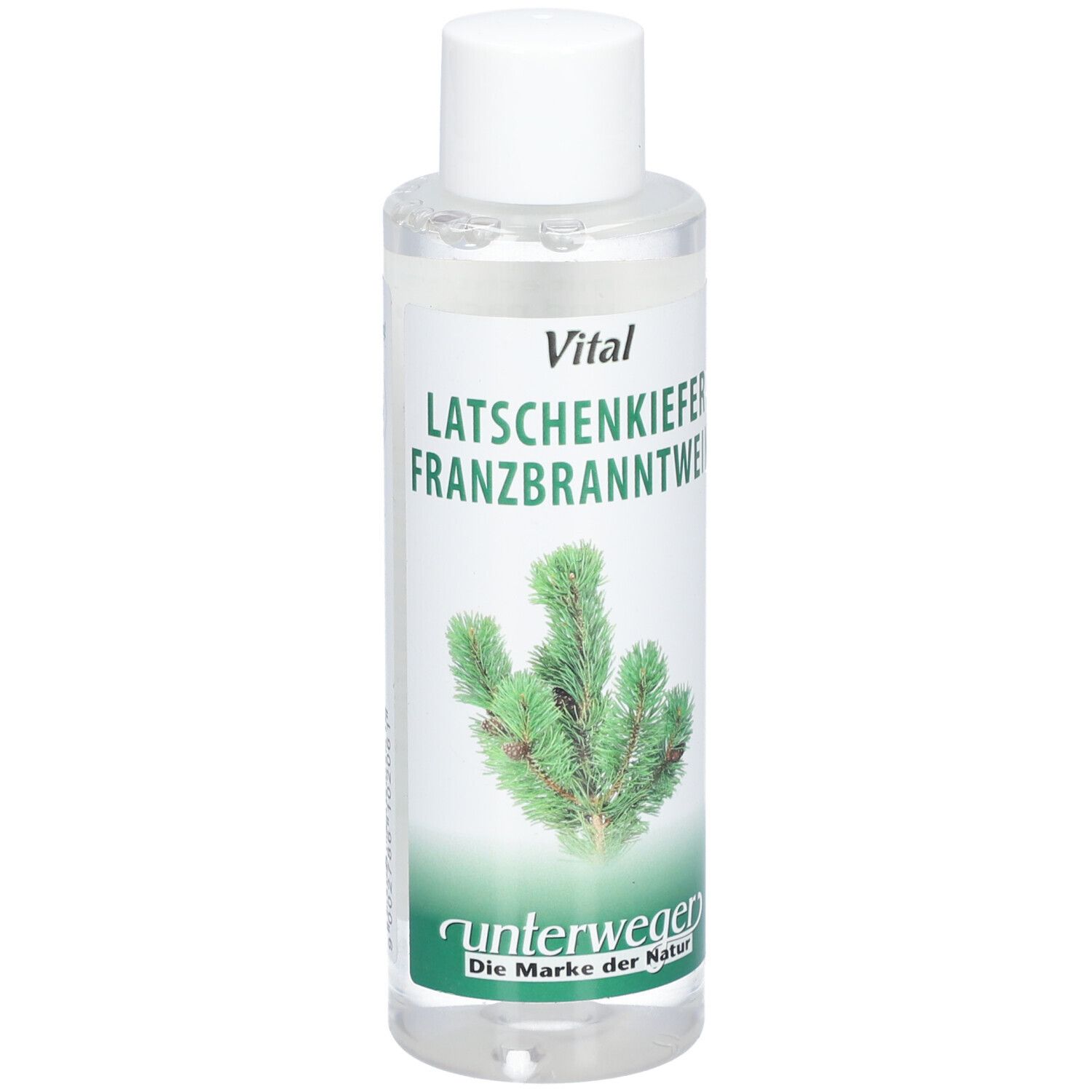 Klare Flasche mit weißem Deckel. Etikett mit Text und Kiefernzweig. Marke: Unterweger.