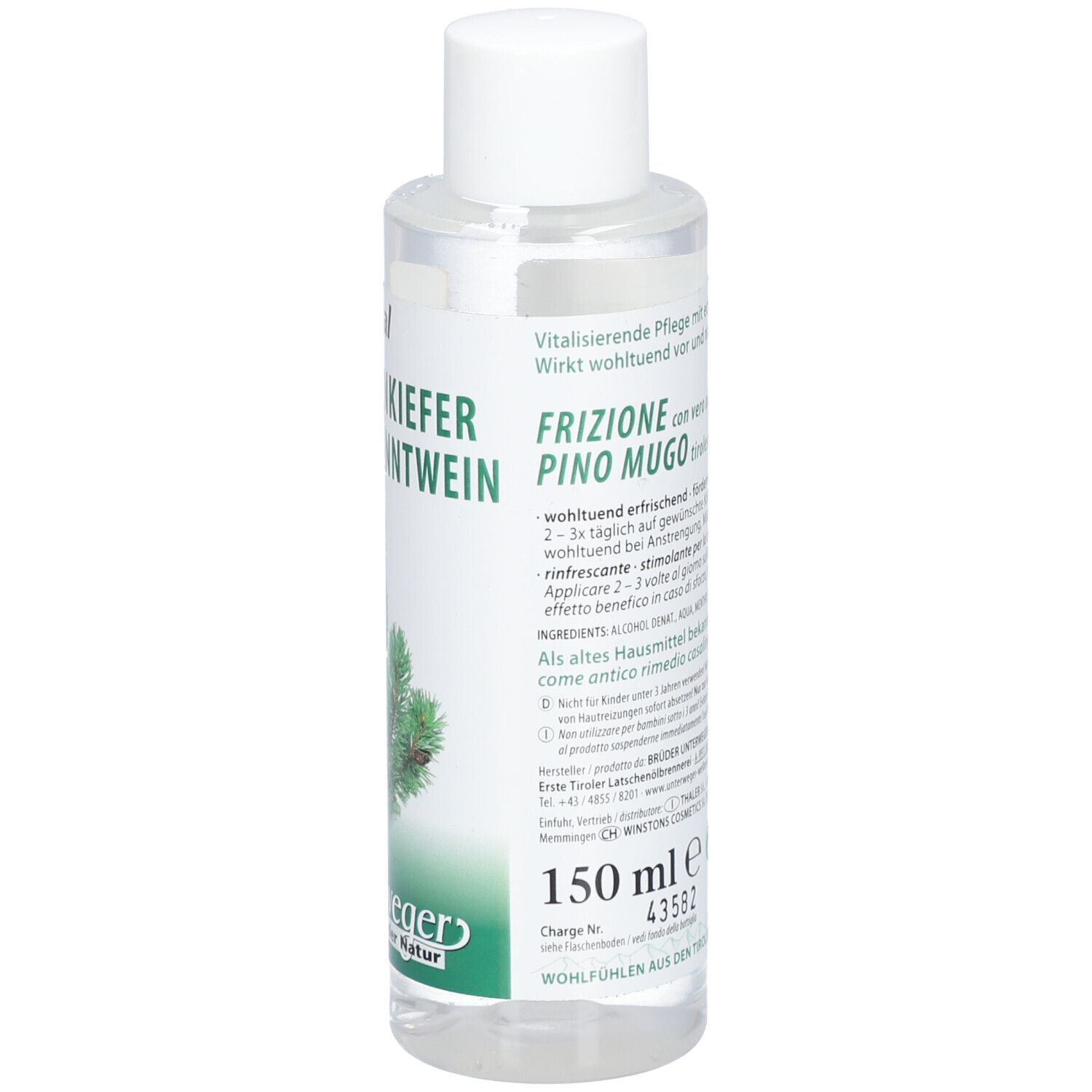 Rückseite der Flasche. Etikett mit Text, Inhaltsstoffen und Warnhinweis. 150 ml.