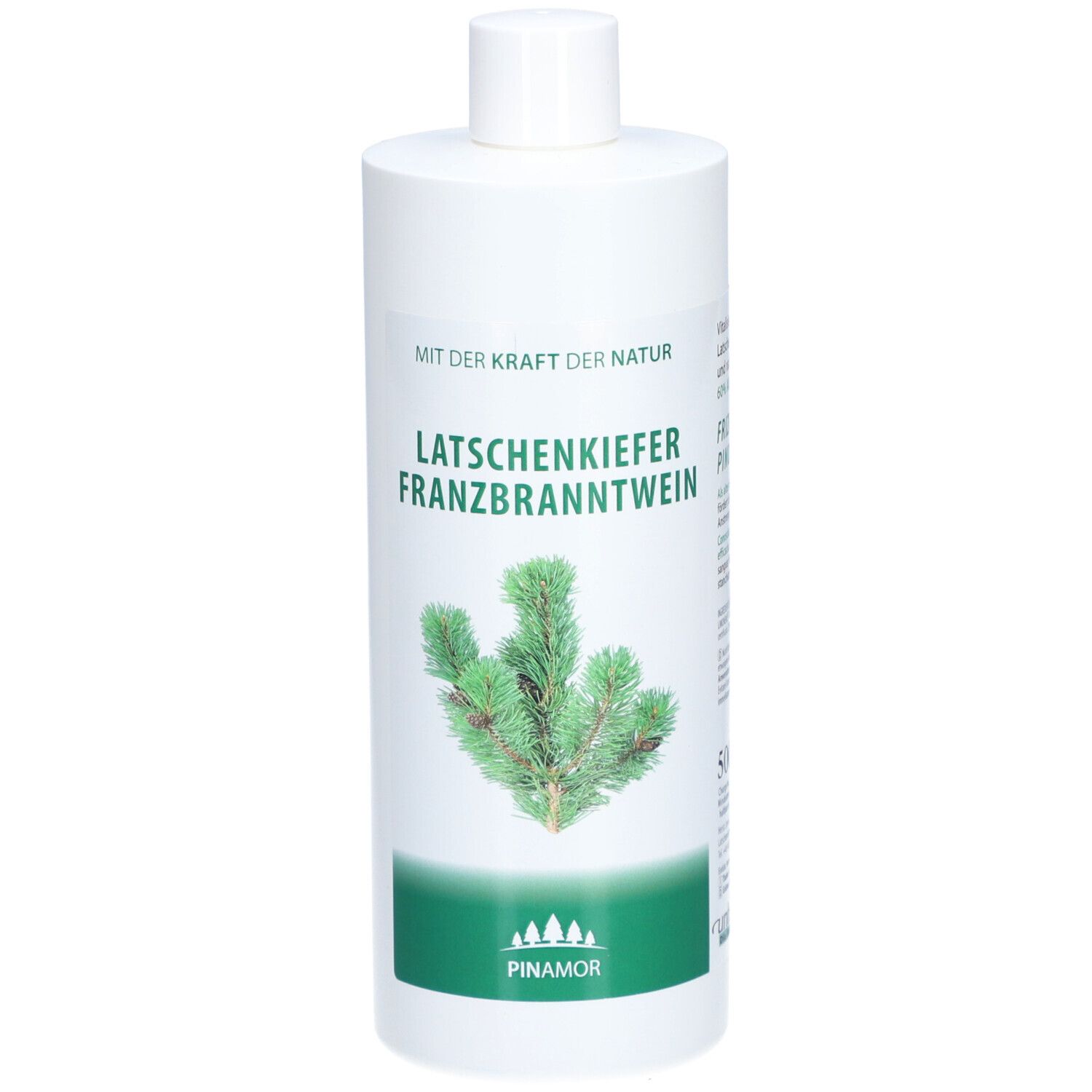 Weiße Flasche mit grünem Etikett. Aufschrift: Latschenkiefer Franzbranntwein. Abbildung eines Kiefernzweigs.