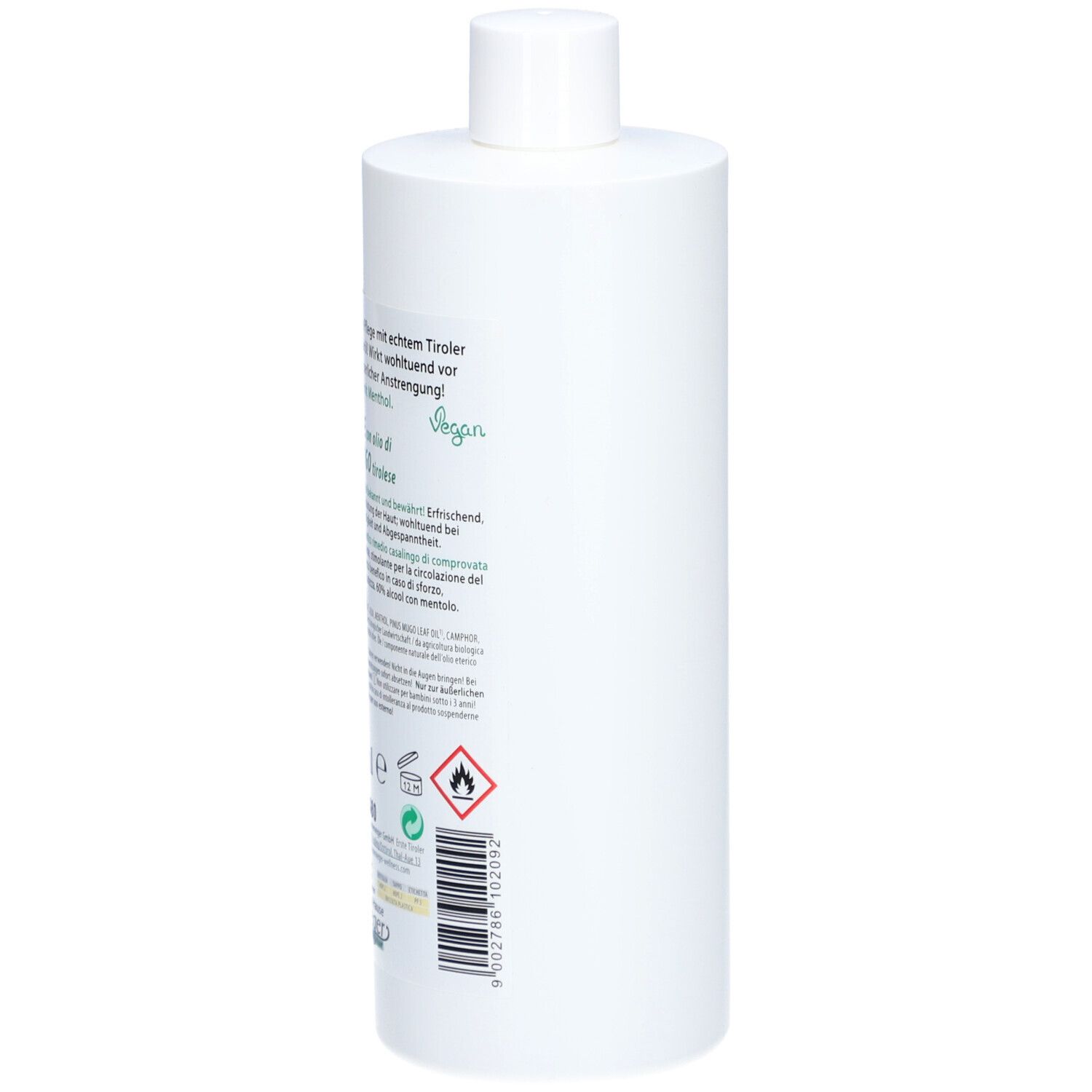 Weiße Flasche mit Text und Symbolen. Vegan-Siegel. Warnhinweise und Barcode. Rückansicht.