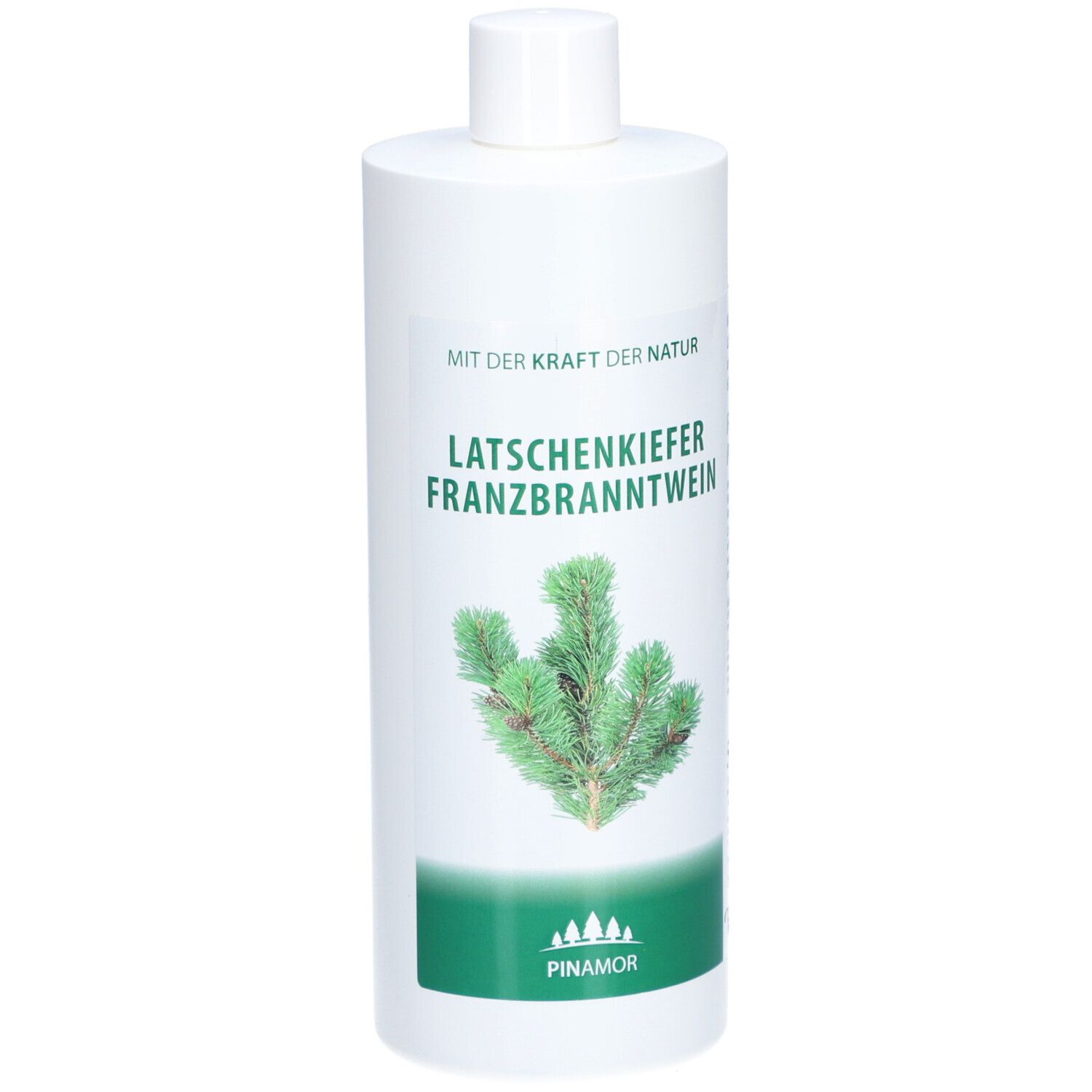 Weiße Flasche mit grünem Etikett. Aufschrift: Latschenkiefer Franzbranntwein. Abbildung eines Kiefernzweigs. Logo: Pinamor.