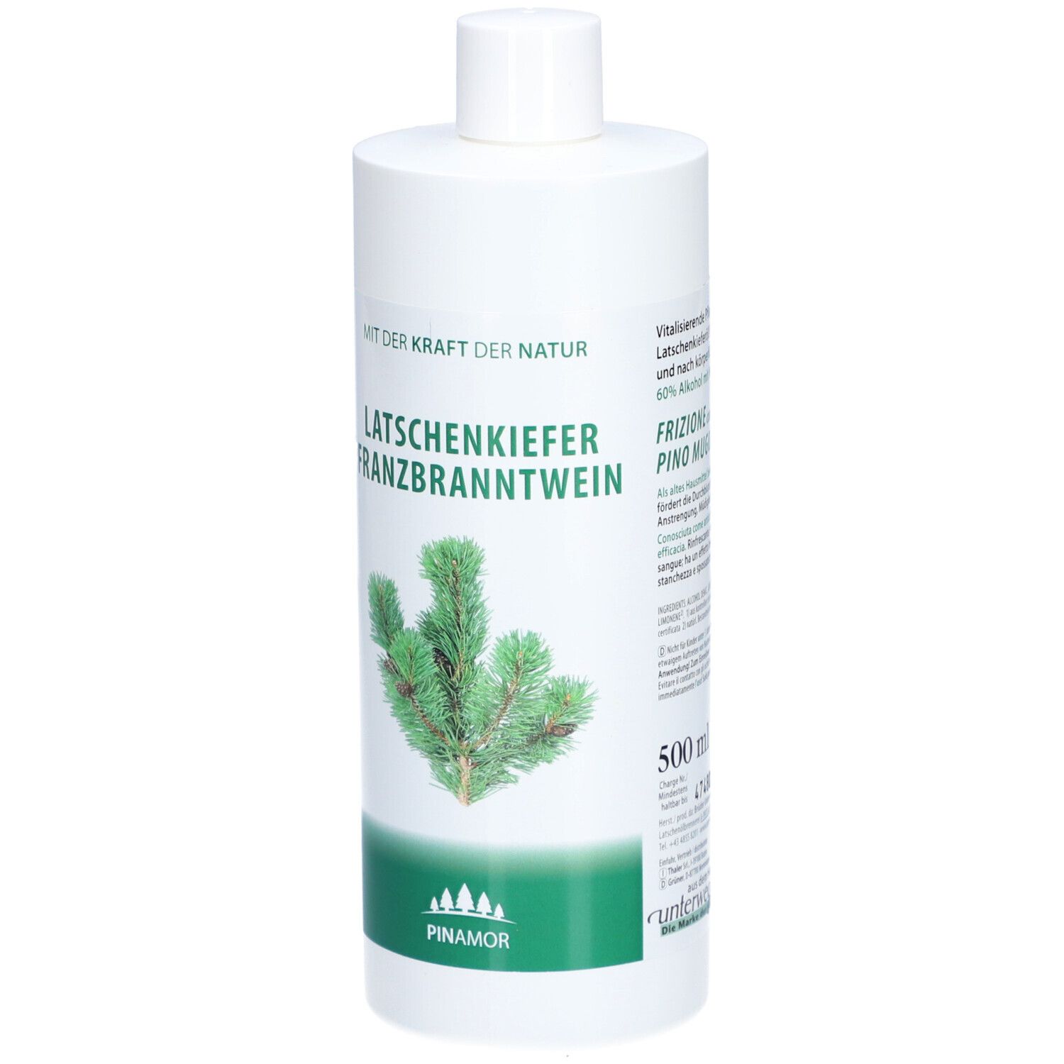 Weiße Flasche mit grünem Etikett. Aufschrift: Latschenkiefer Franzbranntwein. Abbildung Kiefernzweig. Volumen: 500 ml.