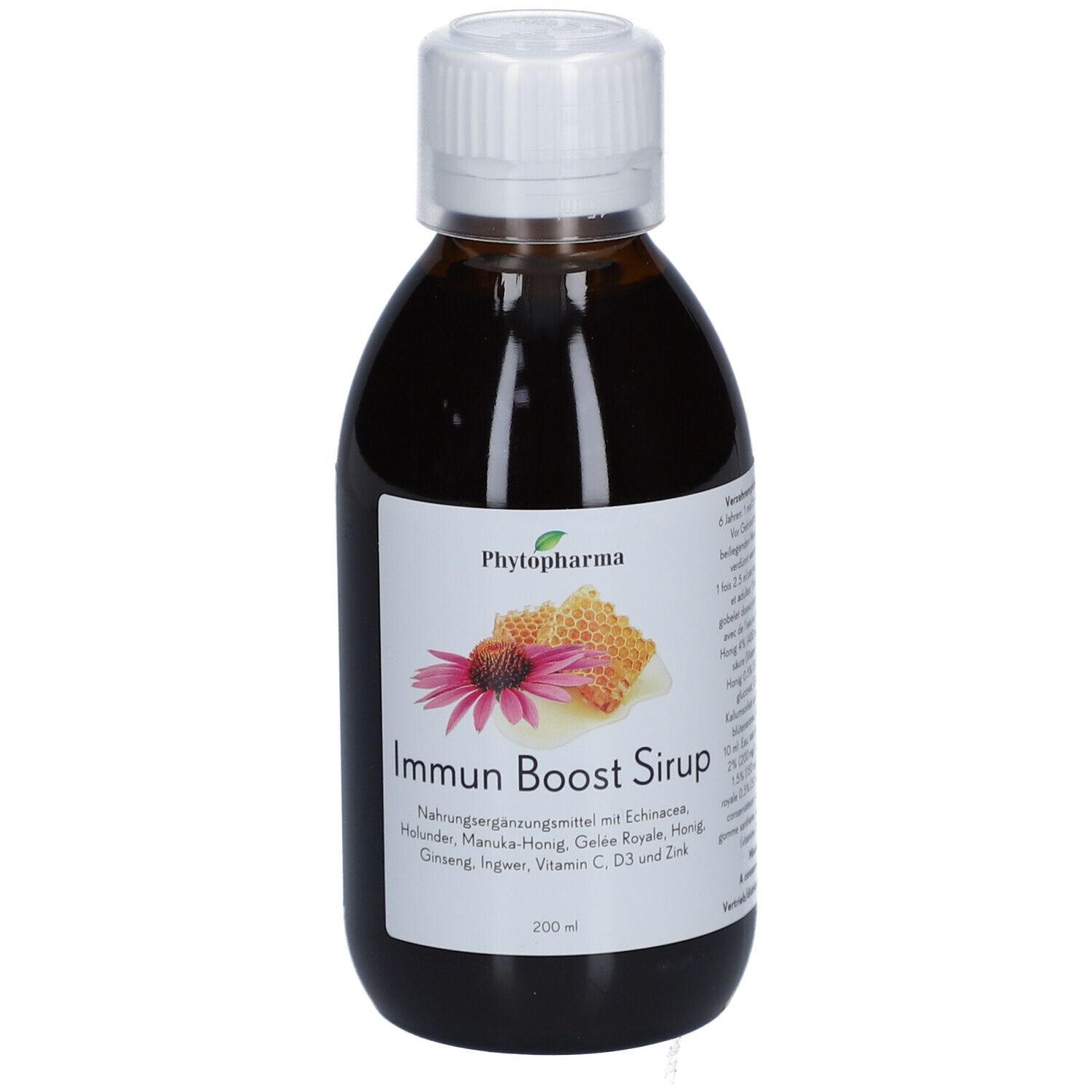 Braune Flasche mit weißem Deckel. Etikett mit Produktname und Illustrationen. Enthält Echinacea, Honig, Ginseng, Vitamin C.