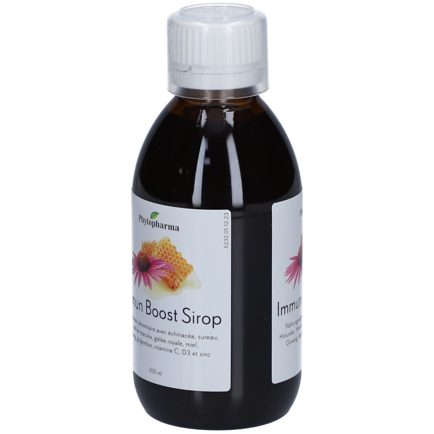 Braune Flasche mit weißem Deckel. Etikett mit Produktname und Illustrationen. Enthält Echinacea, Honig, Ginseng, Vitamin C.