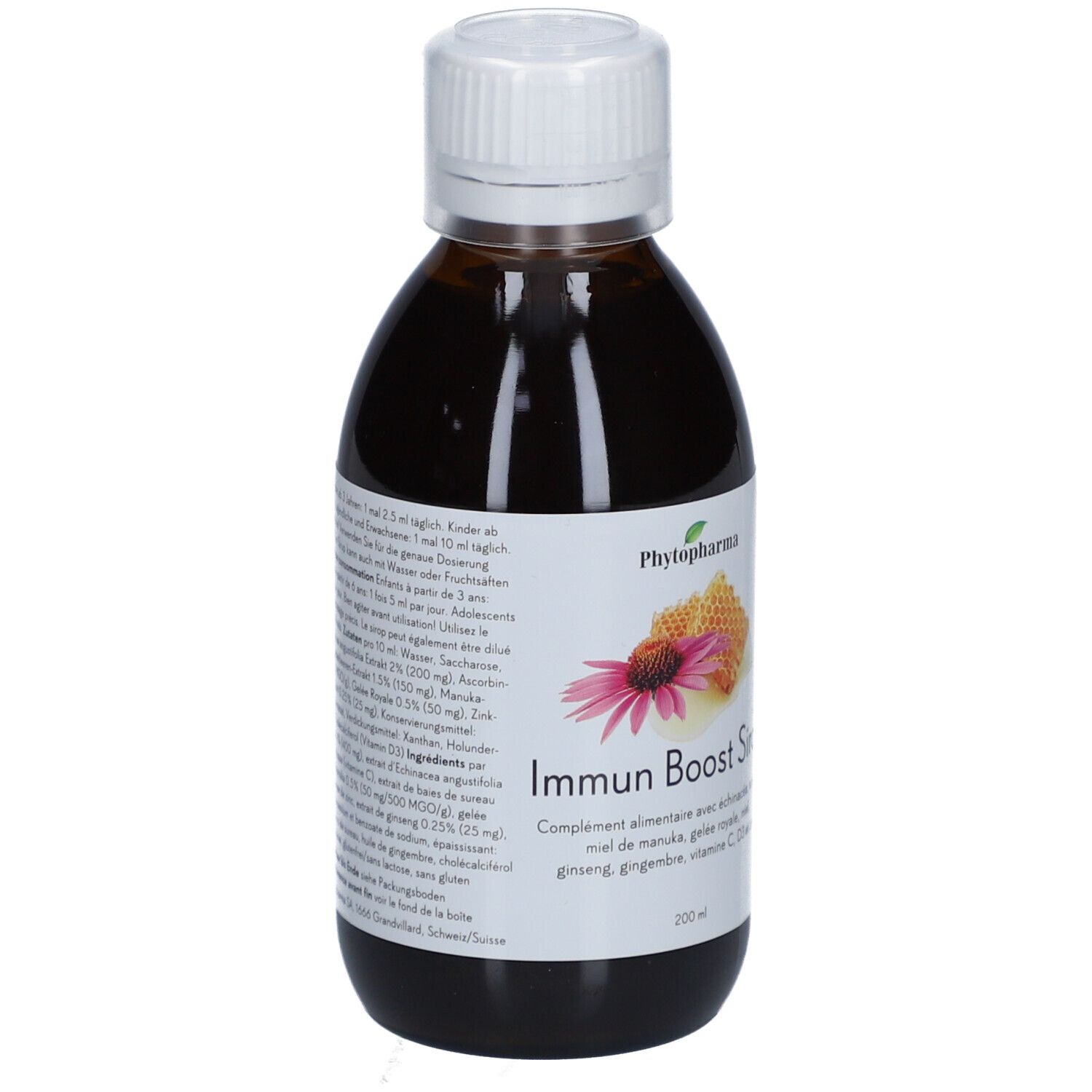 Braune Flasche mit weißem Deckel. Etikett mit Produktname und Illustrationen. Enthält Echinacea, Honig, Ginseng, Vitamin C.