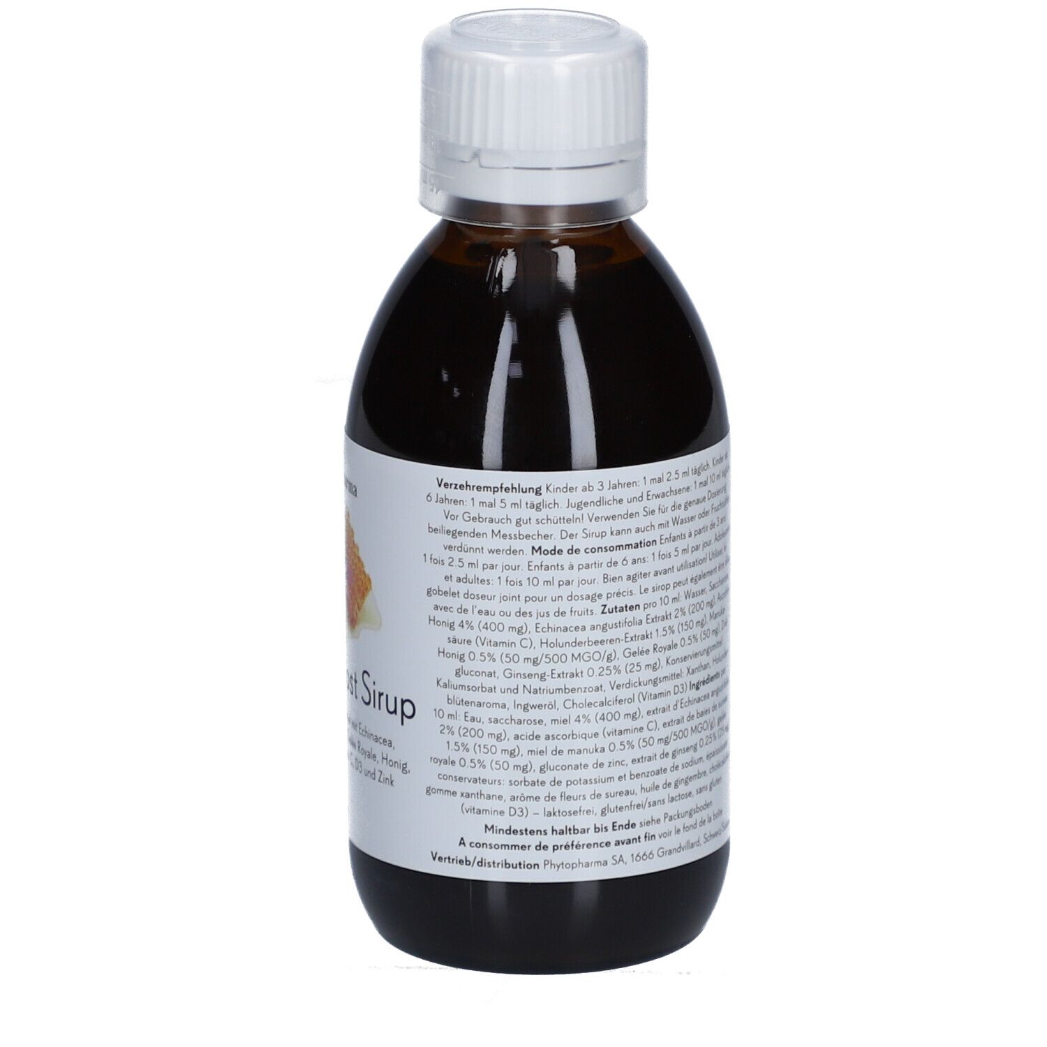 Braune Flasche mit weißem Deckel. Etikett mit Produktinformationen. Rückansicht. Enthält Echinacea, Honig, Ginseng, Vitamin C.