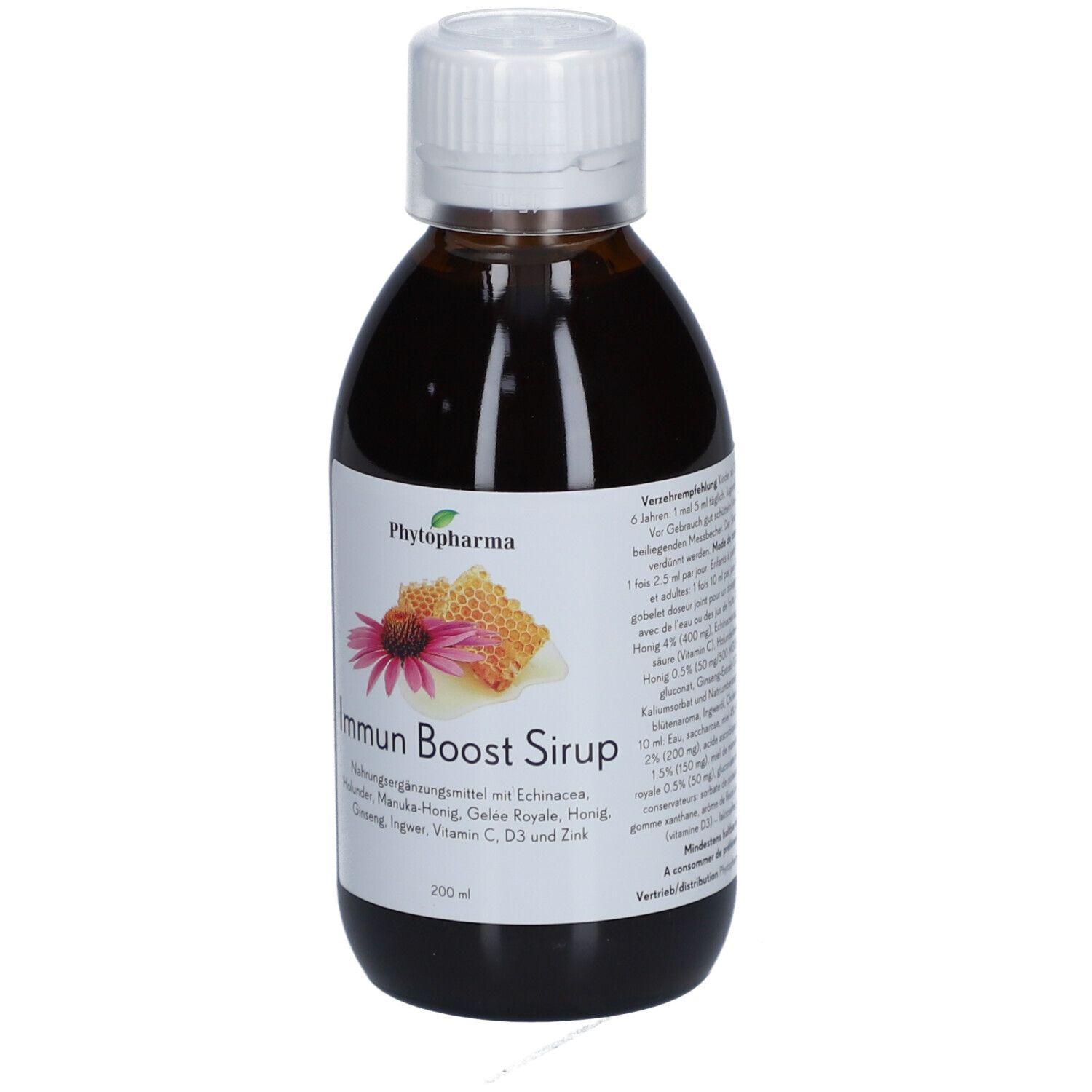 Braune Flasche mit weißem Deckel. Etikett mit Produktname und Illustrationen. Enthält Echinacea, Honig, Ginseng, Vitamin C.
