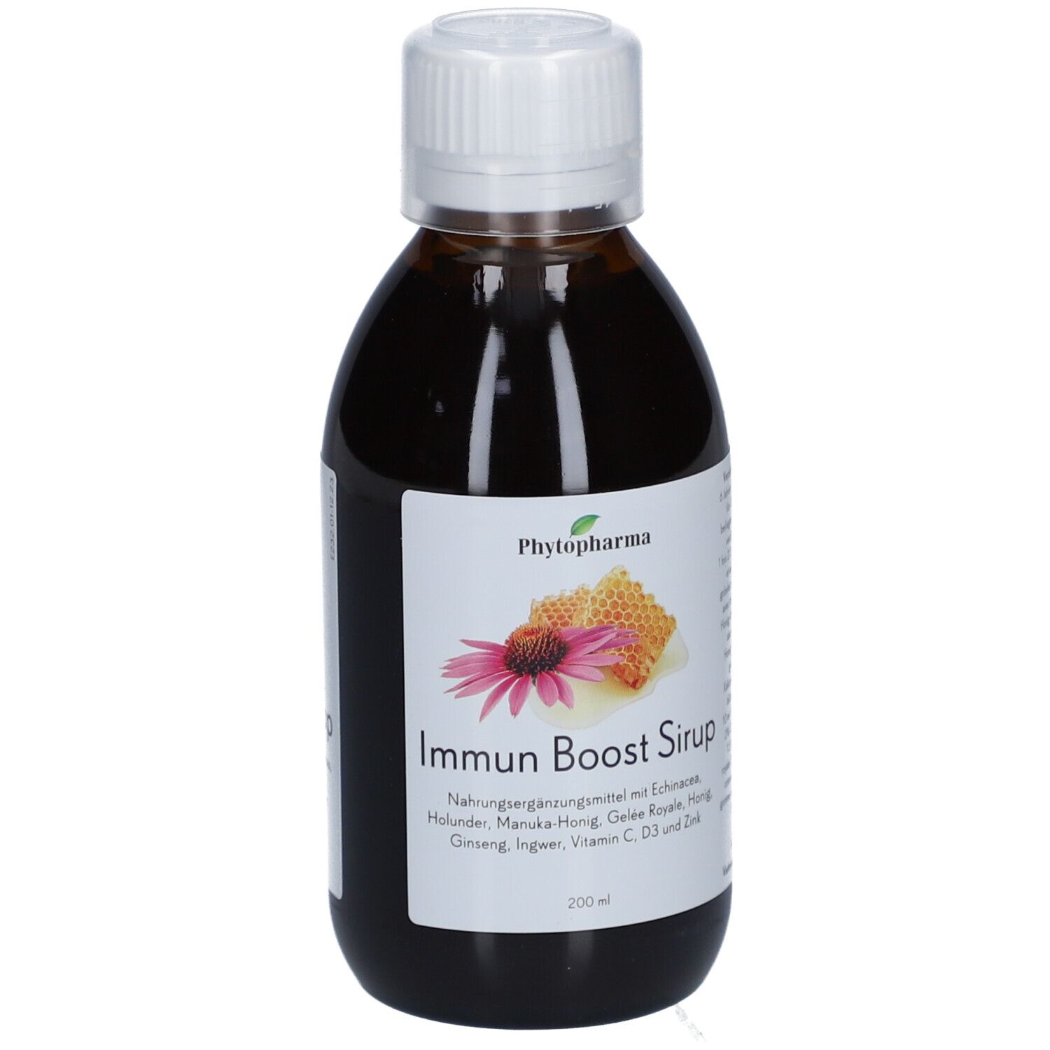 Braune Flasche mit weißem Deckel. Etikett mit Produktname und Illustrationen. Enthält Echinacea, Honig, Ginseng, Vitamin C.