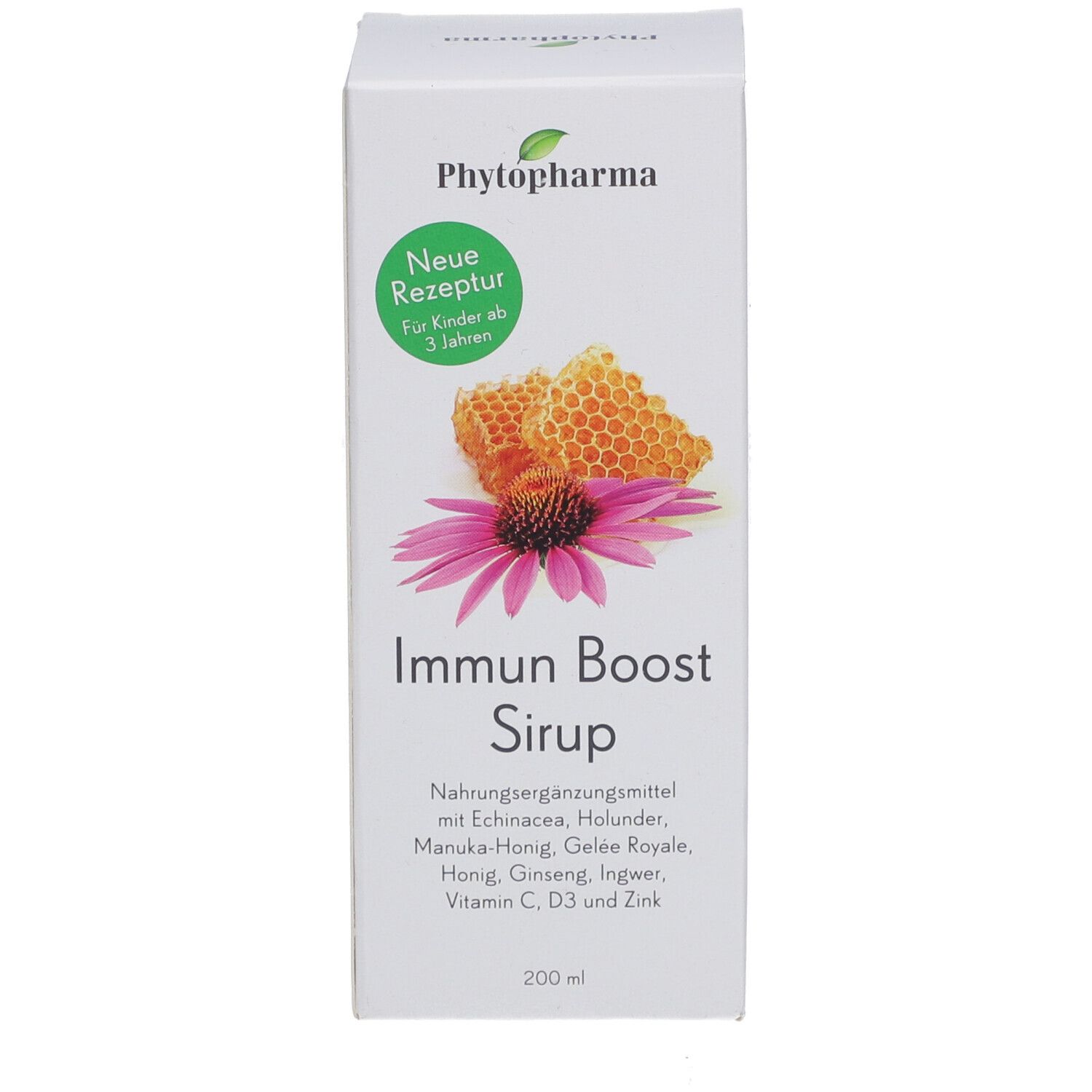 Weiße Verpackung mit Produktname und Illustrationen. Enthält Echinacea, Honig, Ginseng, Vitamin C. Für Kinder ab 3 Jahren.