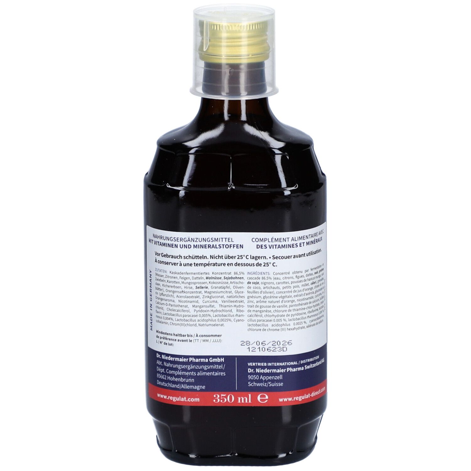 Bouteille en verre brun avec bouchon doré. Dos avec informations et volume : 350 ml.