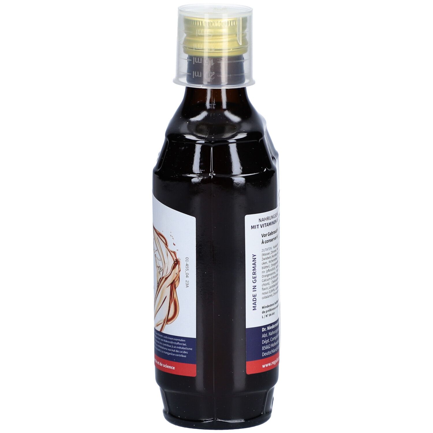 Bouteille en verre brun avec bouchon doré. Étiquette avec informations sur le produit. Vue latérale.