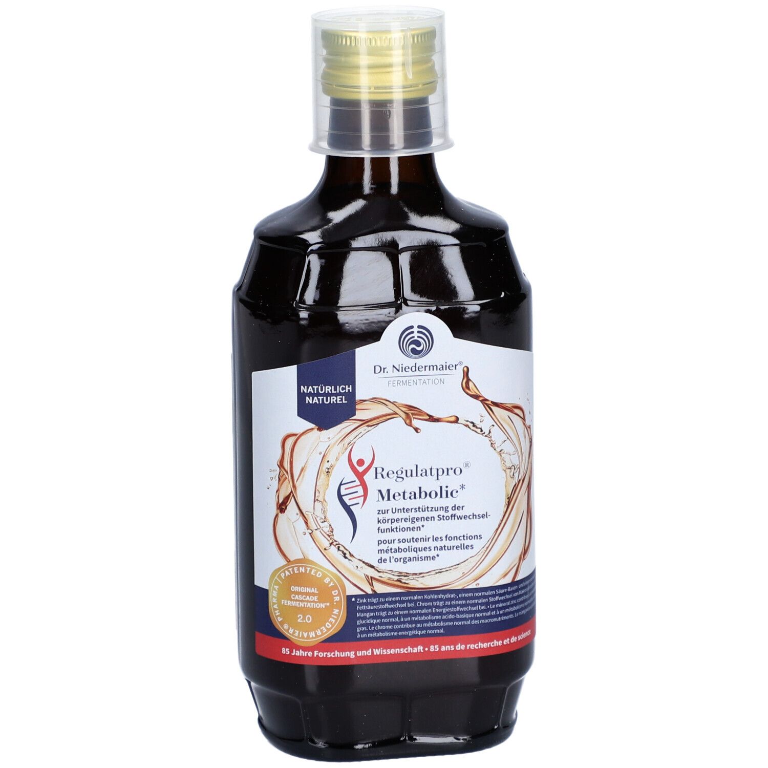 Bouteille en verre brun avec bouchon doré. Étiquette avec nom et logo du produit. Produit naturel.