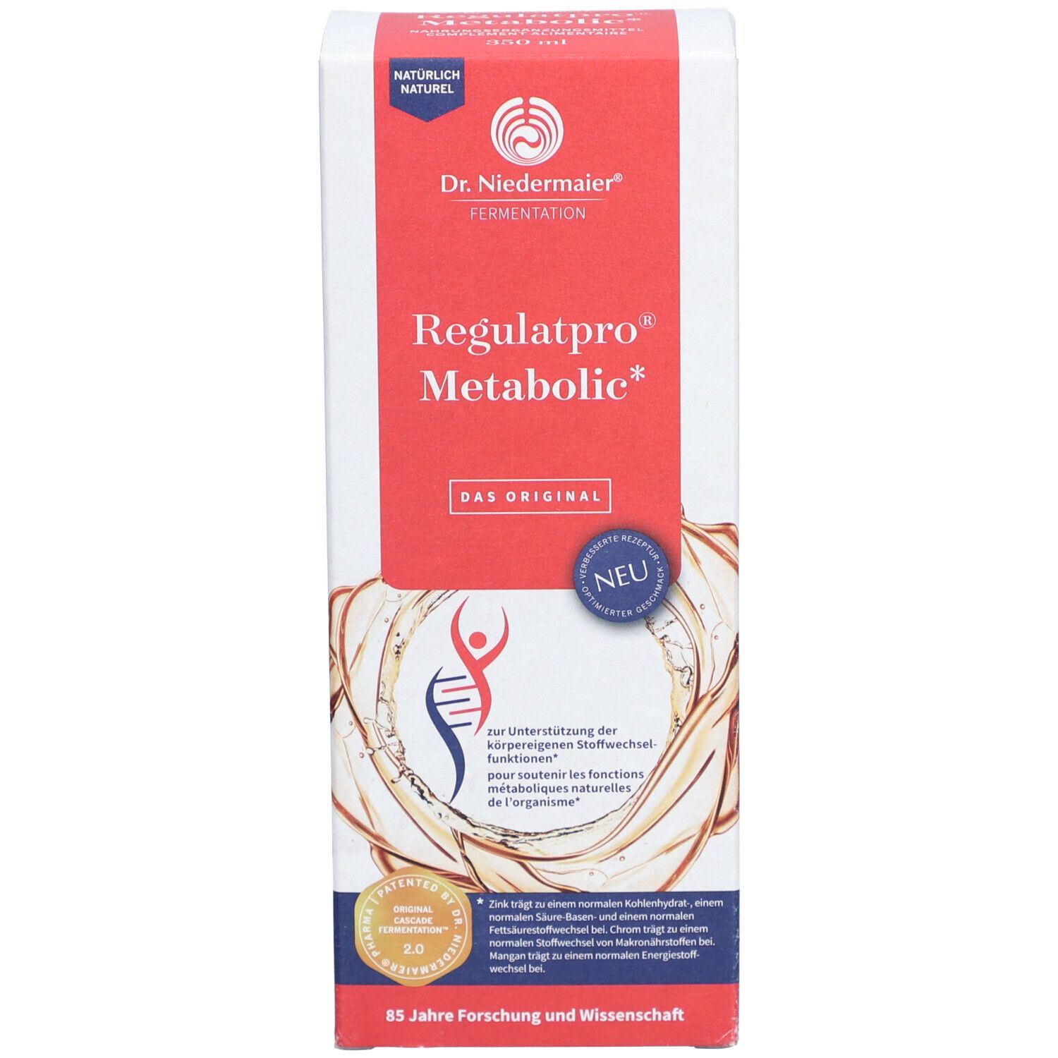 Emballage du produit. Boîte blanche avec nom et logo du produit. Bande rouge et image du produit.