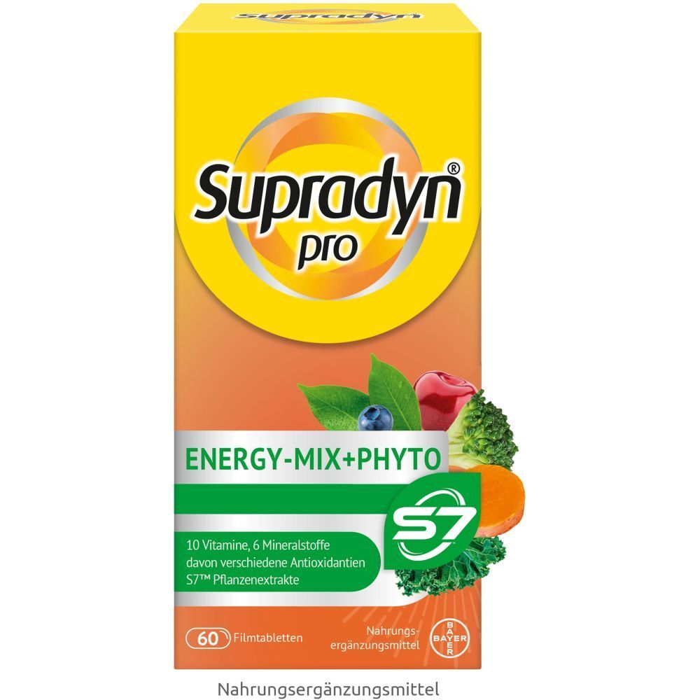Boîte jaune Supradyn pro. Inscription : ENERGY-MIX+PHYTO, 60 comprimés pelliculés, logo S7.