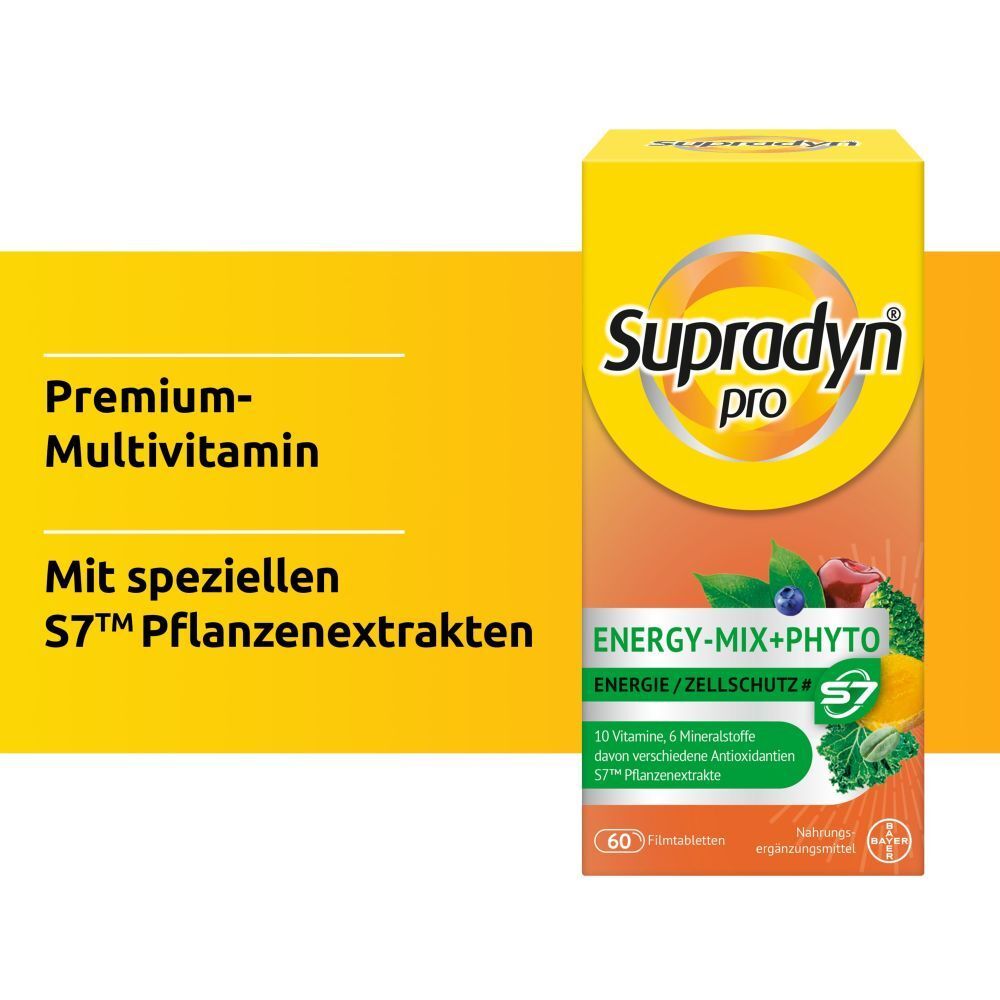 Boîte jaune Supradyn pro. Inscription : ENERGY-MIX+PHYTO, 60 comprimés pelliculés. Texte : Premium-Multivitamines, avec extraits S7™.