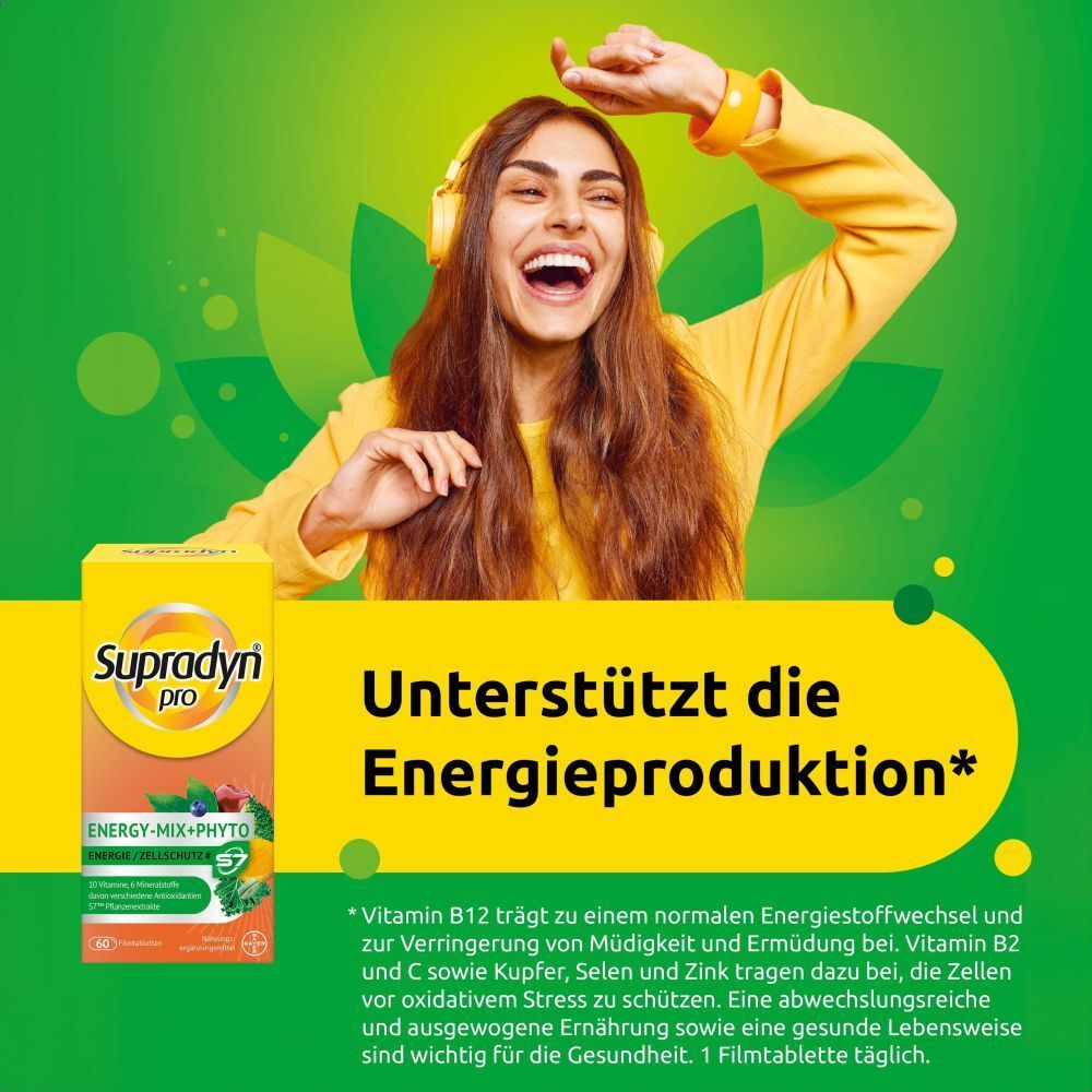 Femme avec casque et emballage Supradyn pro. Texte : Soutient la production d'énergie.