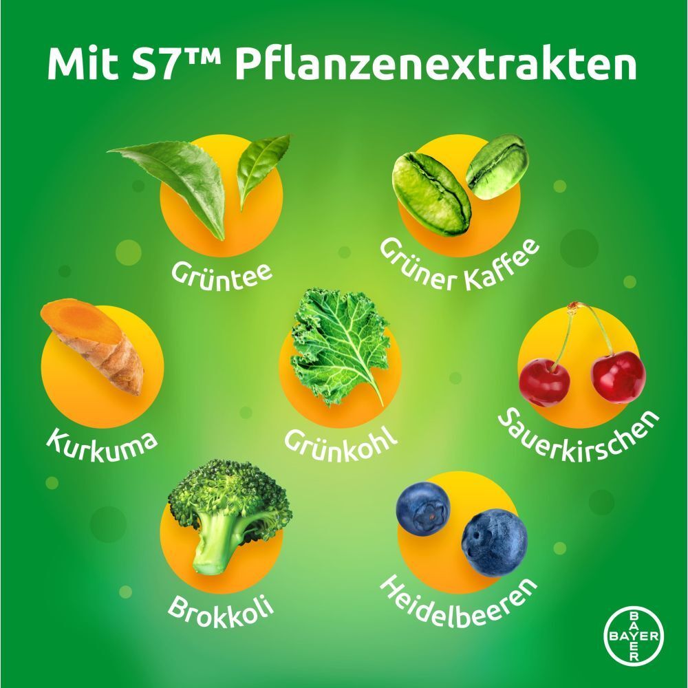 Extraits de plantes : thé vert, café vert, curcuma, chou frisé, myrtilles, cerises, brocoli.