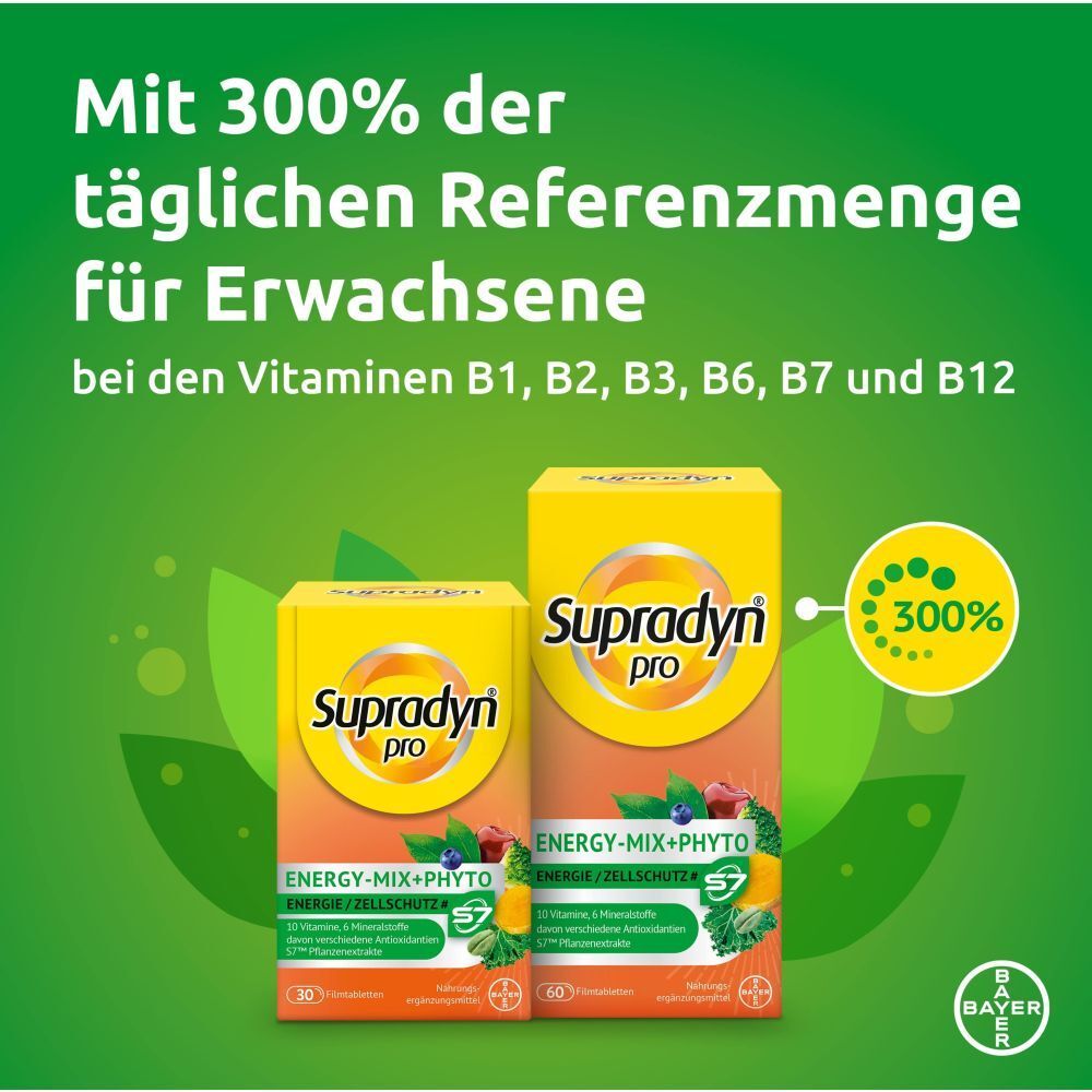 Deux boîtes Supradyn pro. Inscription : ENERGY-MIX+PHYTO, 30 et 60 comprimés. Texte : 300% des apports quotidiens de référence.