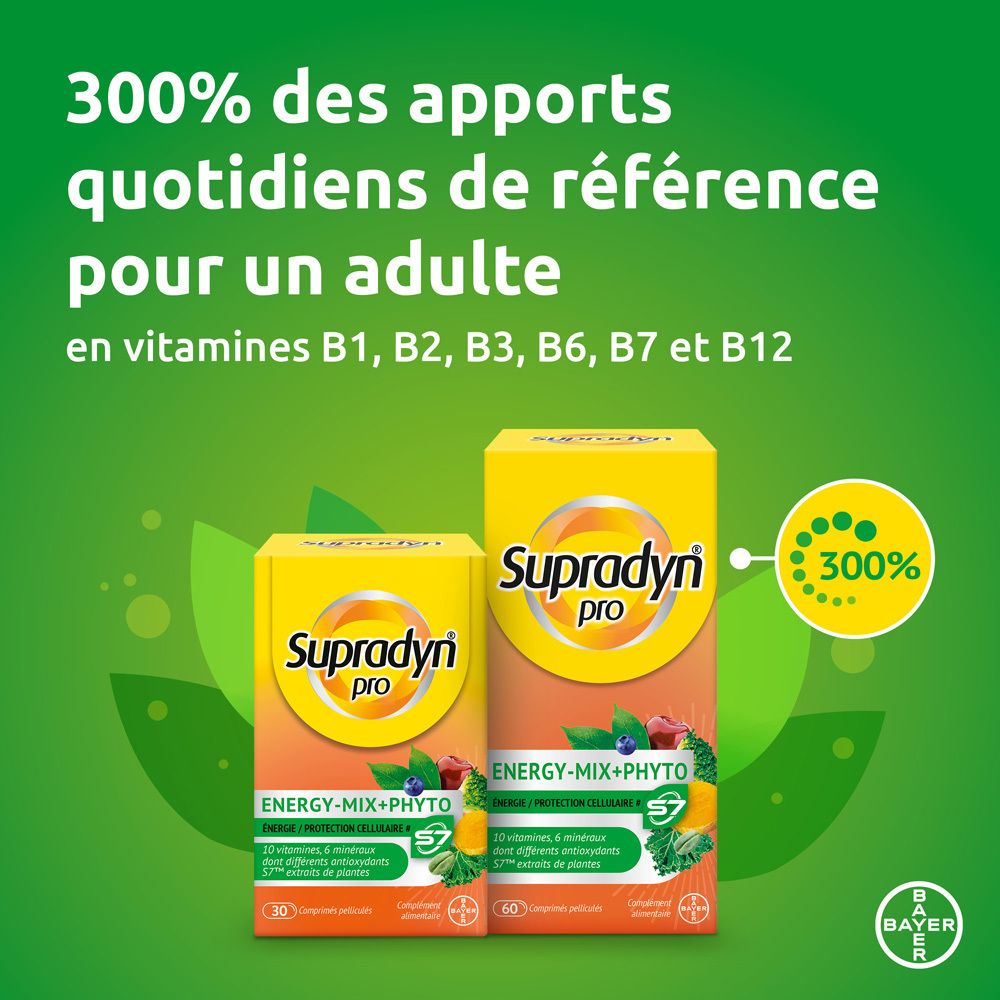 Deux boîtes Supradyn pro. Inscription : ENERGY-MIX+PHYTO, 30 et 60 comprimés. Texte : 300% des apports quotidiens de référence.