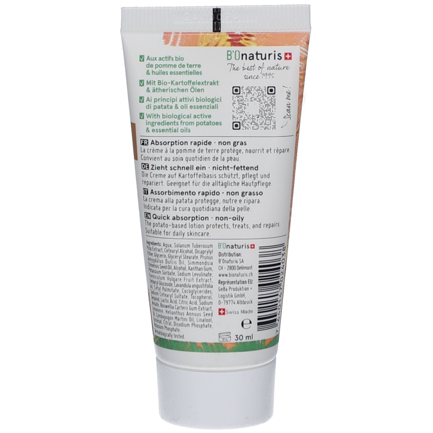 Rückseite der Creme-Tube. Textabschnitte in Deutsch, Französisch, Italienisch und Englisch. QR-Code. Logo "B'onaturis".