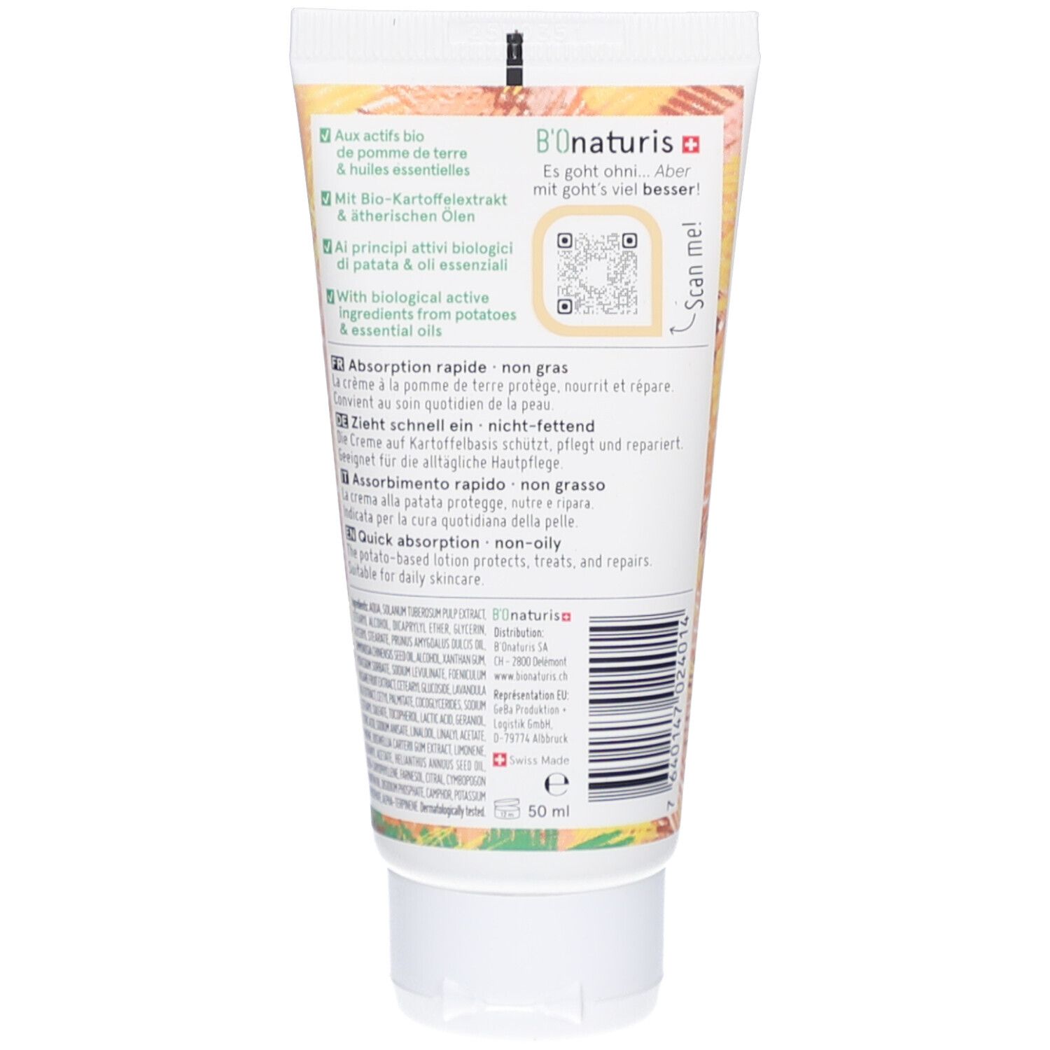 Rückseite der Creme-Tube. Text in mehreren Sprachen. QR-Code. Schweizer Kreuz. Inhalt: 50 ml.