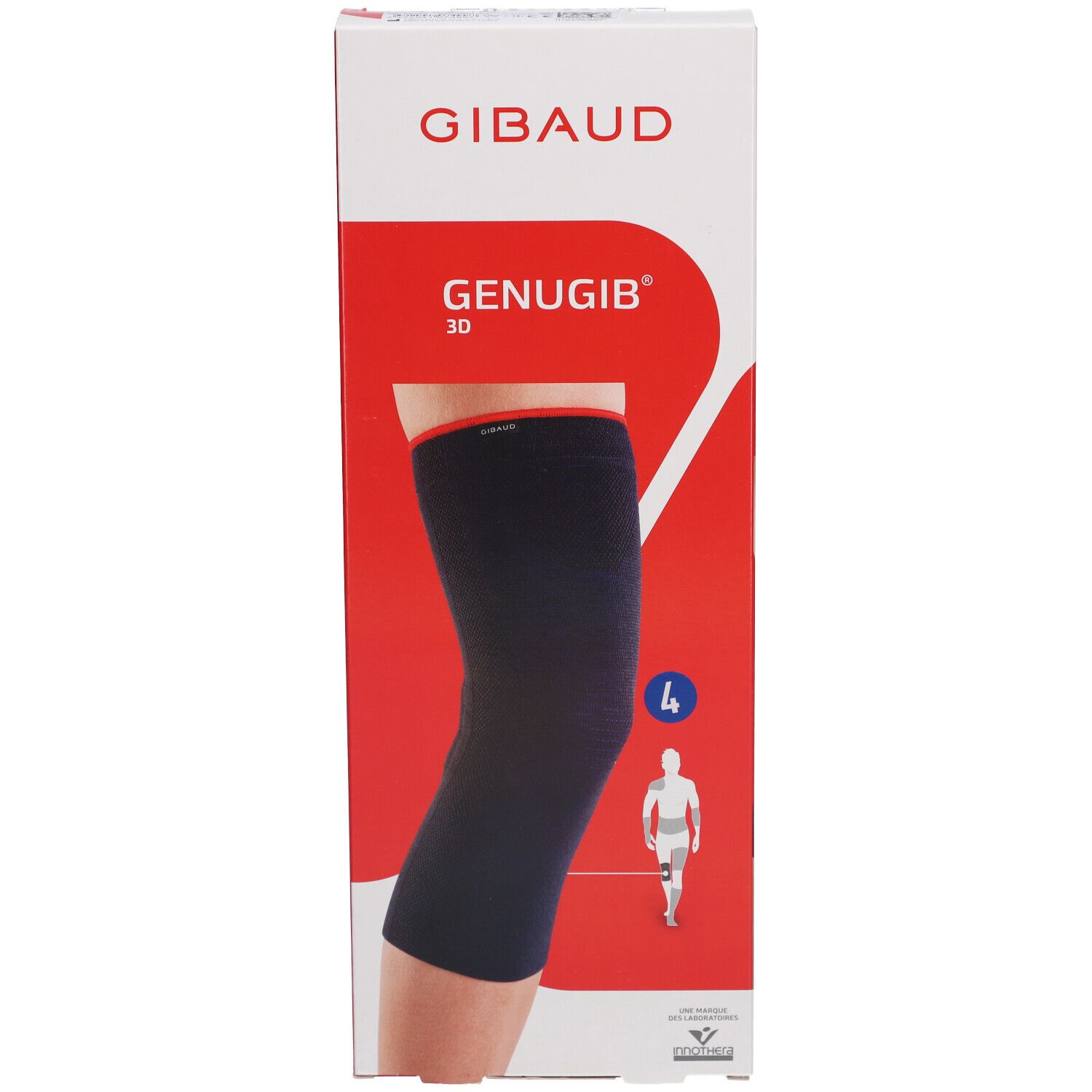Genouillère dans son emballage. Marque et nom du produit visibles. Taille 4, illustration d'une jambe.