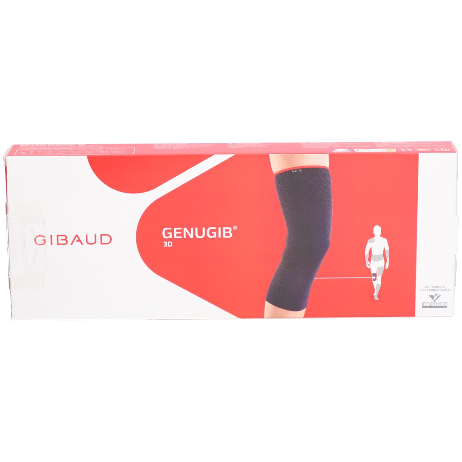 Genouillère dans son emballage. Marque et nom du produit visibles. Illustration d'une jambe.