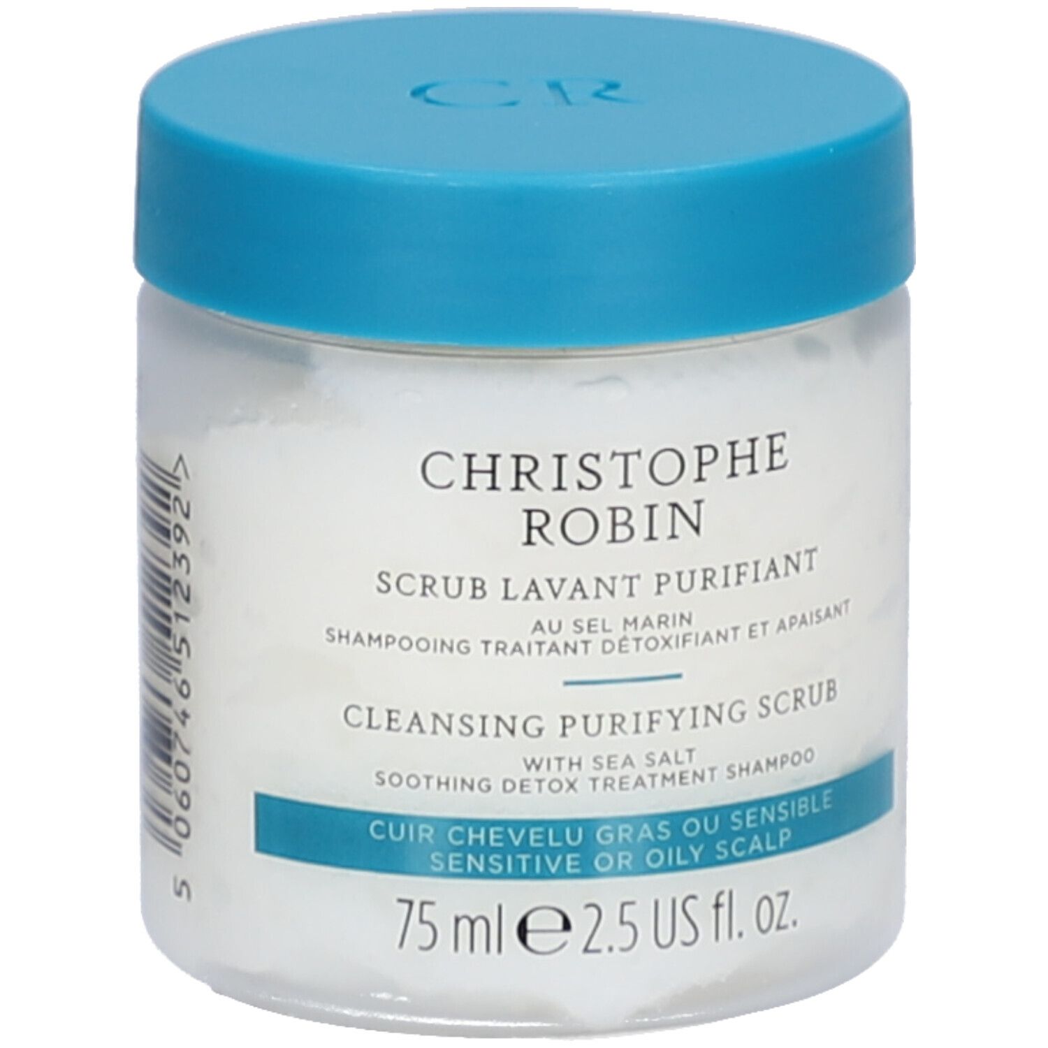 Behälter mit blauem Deckel. Aufschrift: Christophe Robin, Cleansing Purifying Scrub, 75 ml.