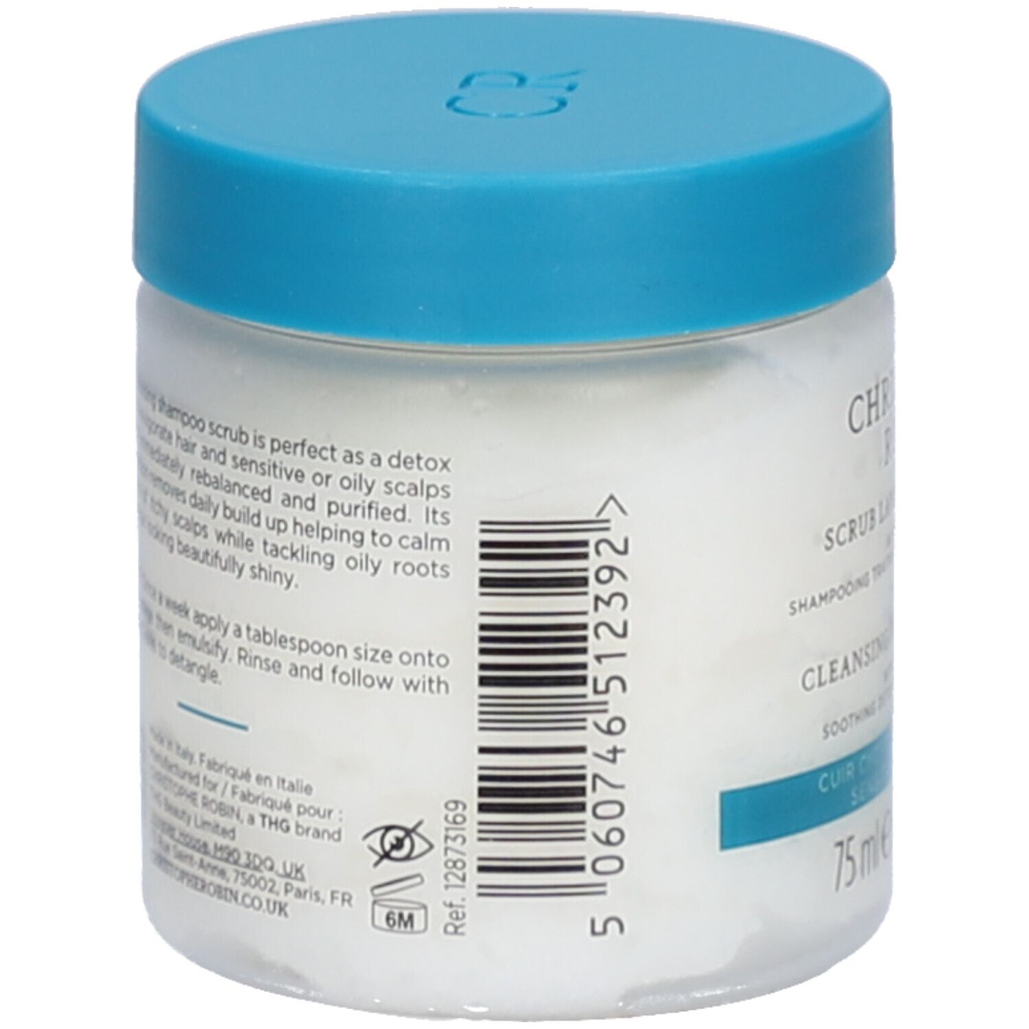 Rückansicht des Behälters. Barcode und Text. Aufschrift: Christophe Robin, Cleansing Purifying Scrub, 75 ml.