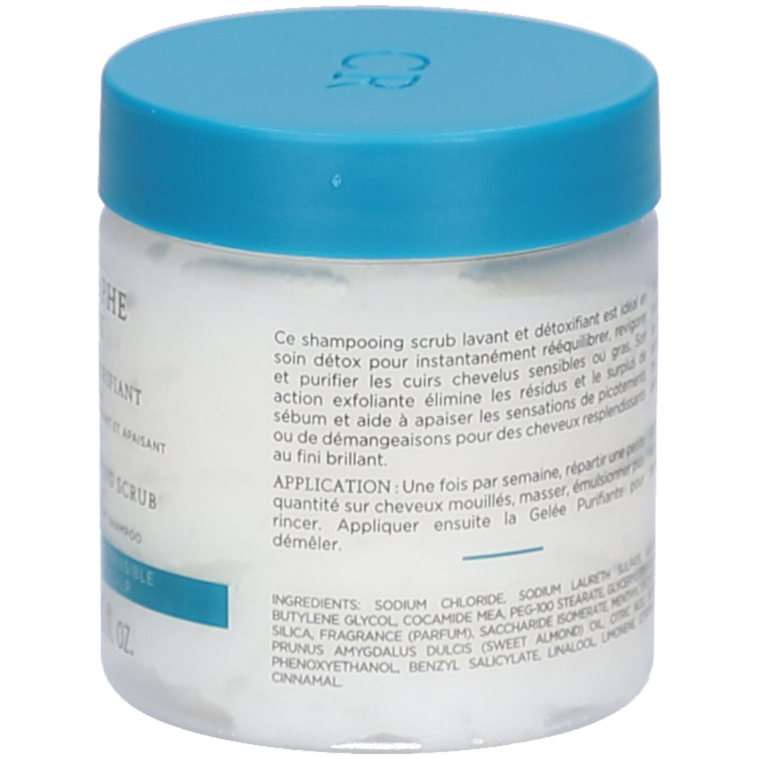 Behälter mit blauem Deckel. Text und Anwendung. Aufschrift: Christophe Robin, Cleansing Purifying Scrub, 75 ml.