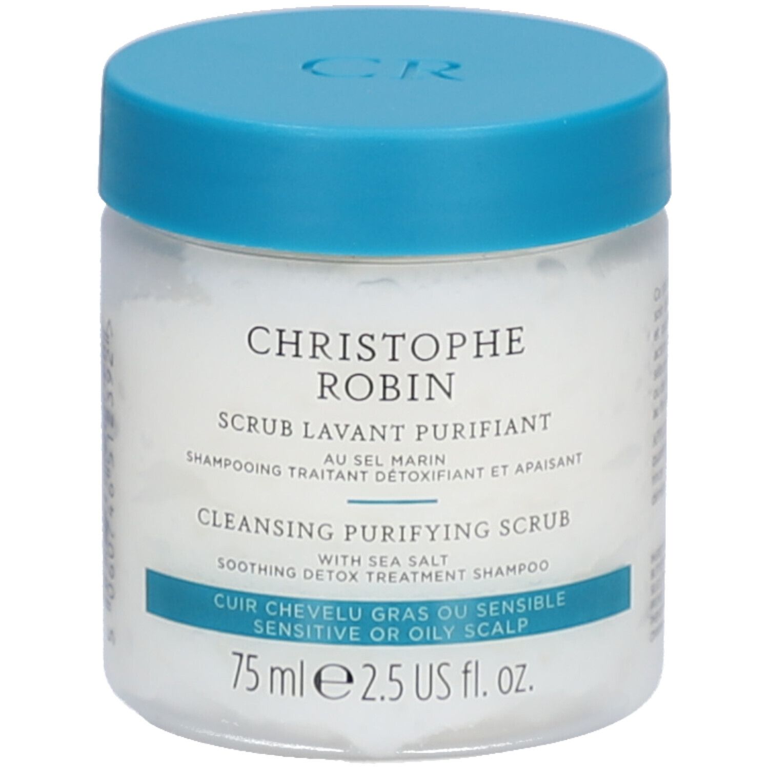Behälter mit blauem Deckel. Aufschrift: Christophe Robin, Cleansing Purifying Scrub, 75 ml.