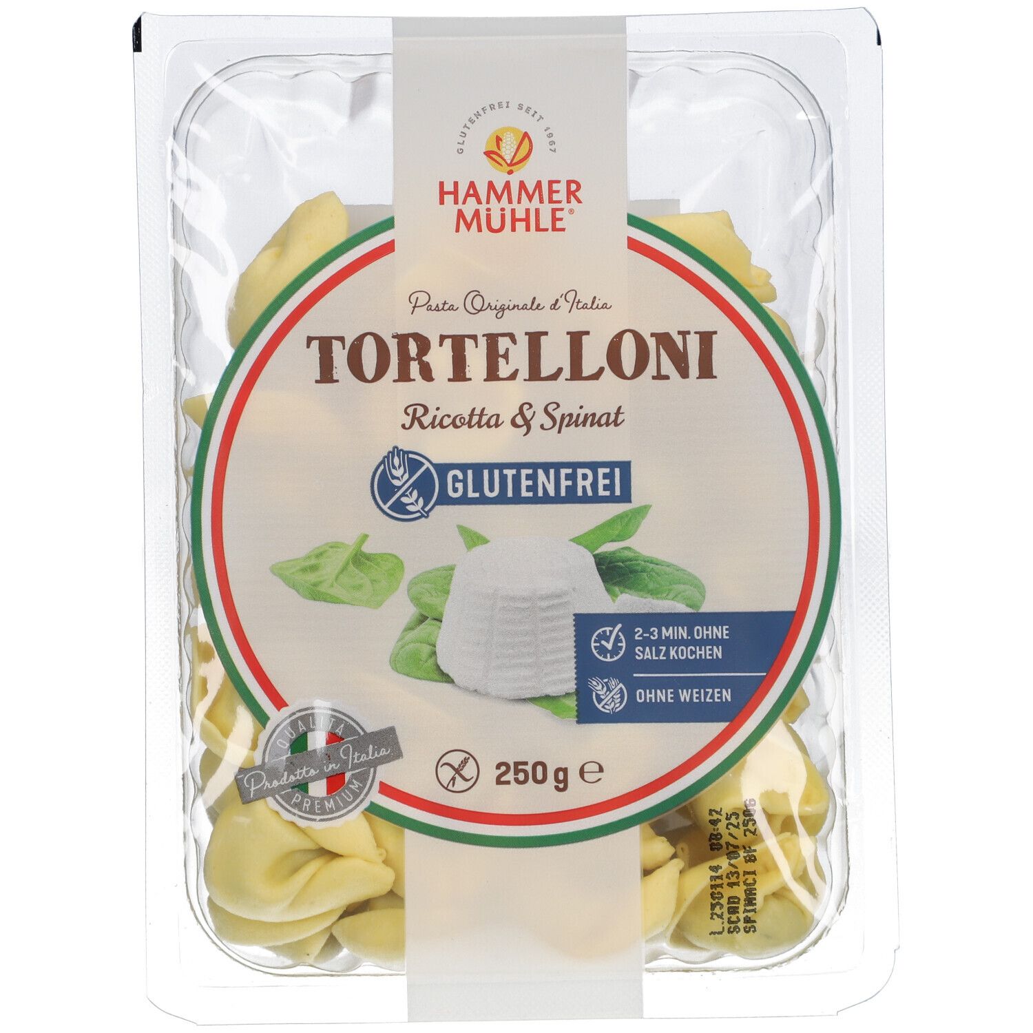 Klarsichtverpackung mit Tortelloni Ricotta & Spinat. Glutenfrei-Siegel, Produktname und Zutatenliste.