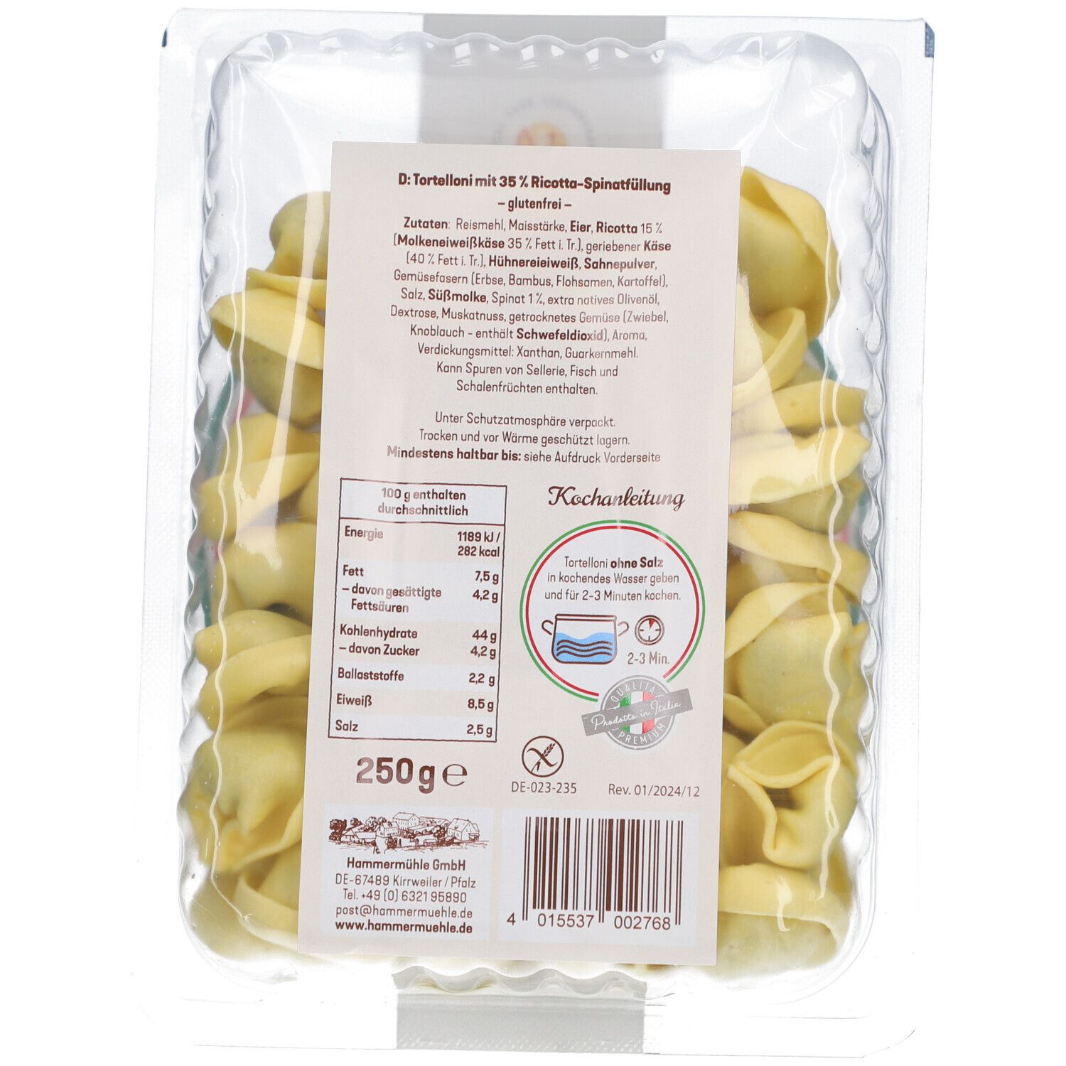 Rückseite der Tortelloni-Verpackung. Zutatenliste, Nährwertangaben, Kochhinweise und Mindesthaltbarkeitsdatum.
