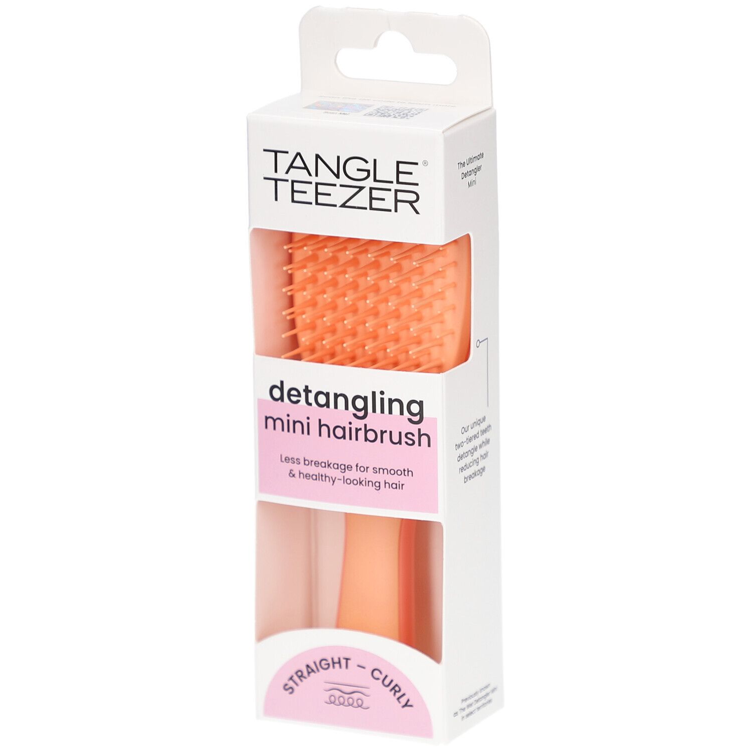 TANGLE TEEZER Wet Detangler Mini Bürste in Verpackung. Orangefarbene Borsten, rosa Griff. Für glattes und lockiges Haar.
