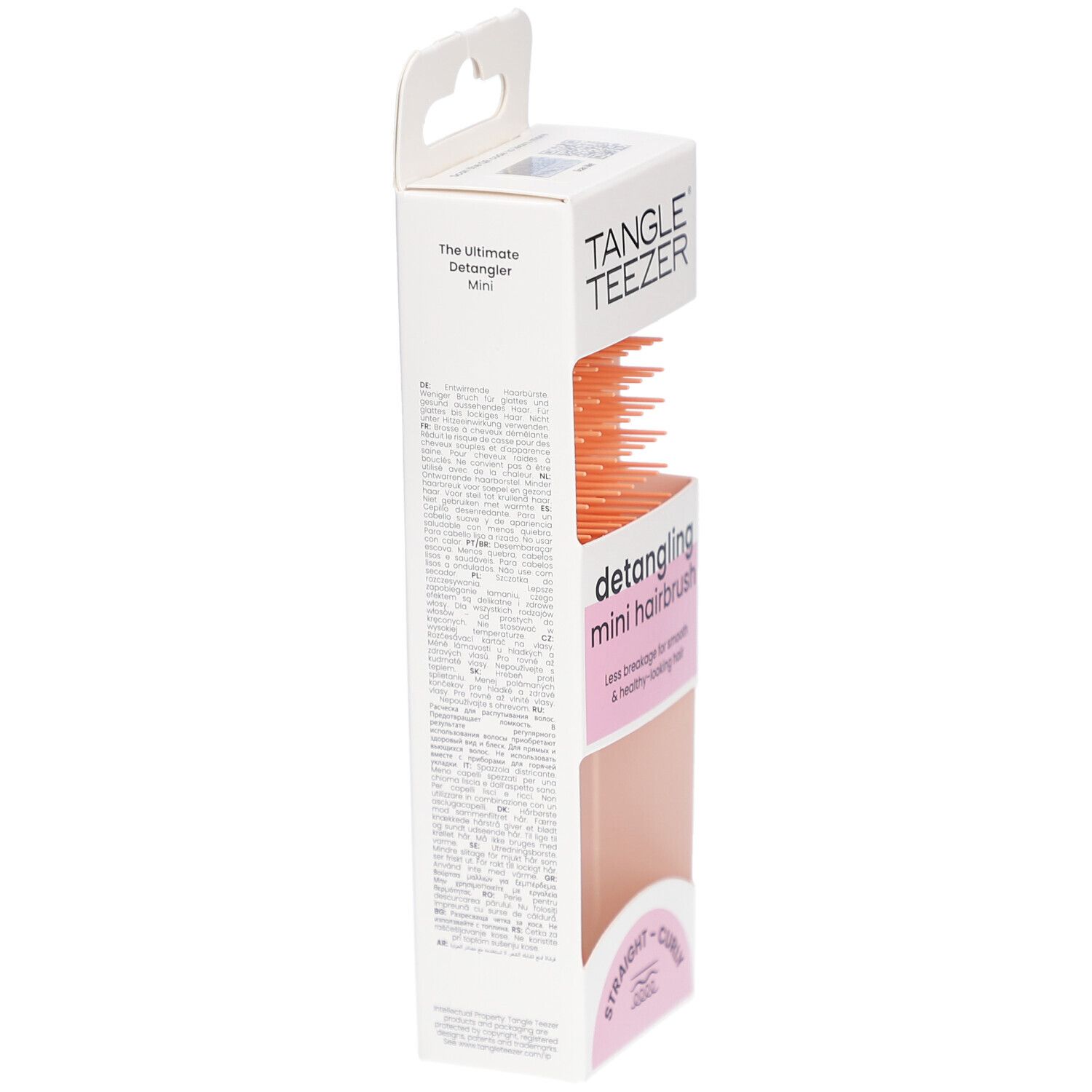 TANGLE TEEZER Wet Detangler Mini Bürste in Verpackung. Seitenansicht. Text auf Verpackung. Für glattes und lockiges Haar.