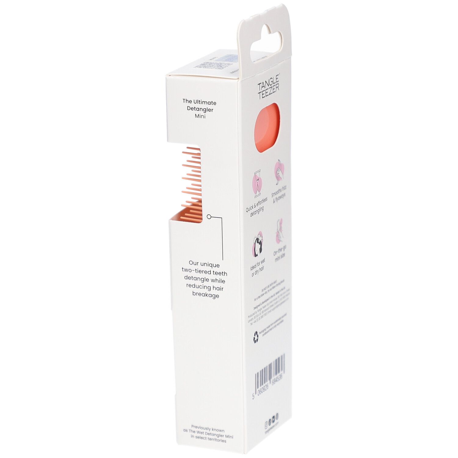 TANGLE TEEZER Wet Detangler Mini Bürste in Verpackung. Seitenansicht. Produktinformationen und Logos.