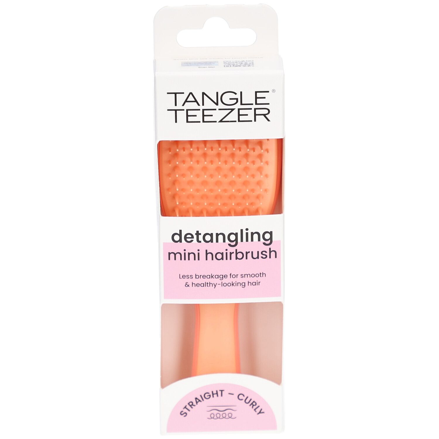 TANGLE TEEZER Wet Detangler Mini Bürste in Verpackung. Frontansicht. Orangefarbene Borsten, rosa Griff. Für glattes und lockiges Haar.
