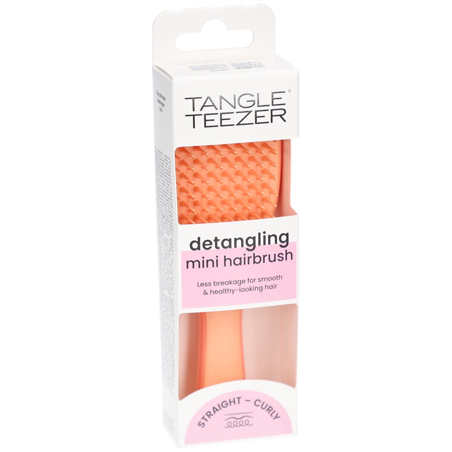 TANGLE TEEZER Wet Detangler Mini Bürste in Verpackung. Frontansicht. Orangefarbene Borsten, rosa Griff. Für glattes und lockiges Haar.