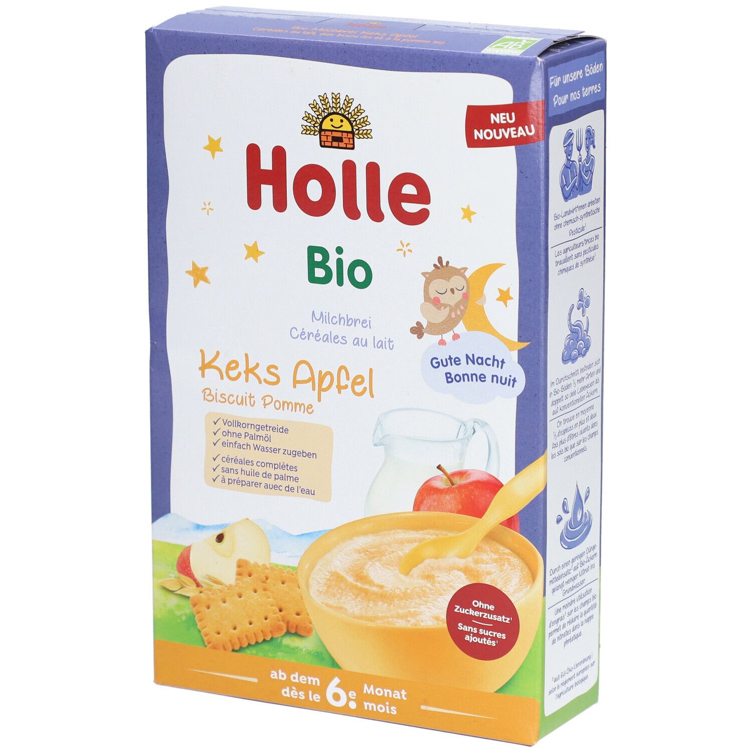 Holle Bio Milchbrei Keks Apfel Packung. Enthält Produktabbildung, Text und Logo. Ab dem 6. Monat.