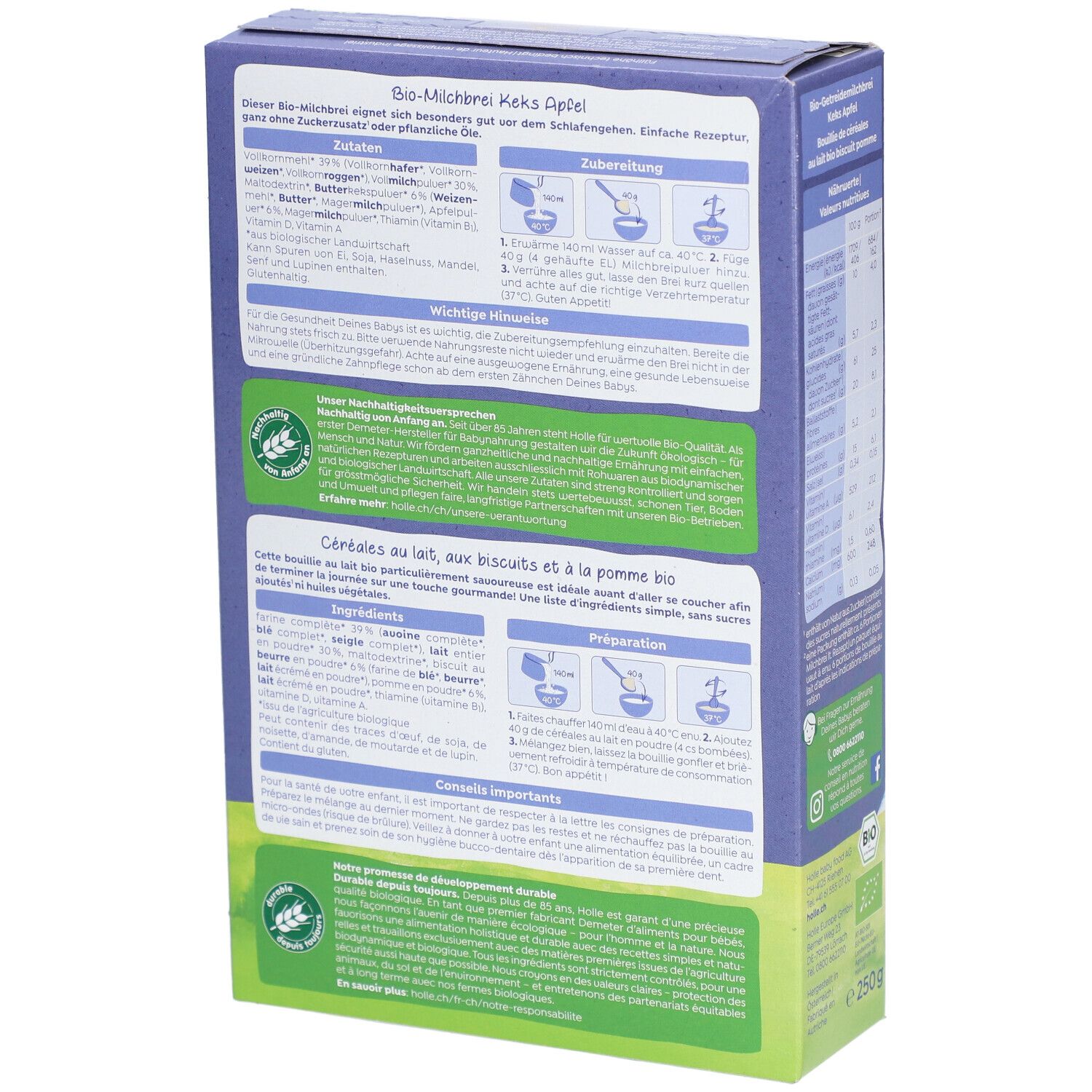 Rückseite der Holle Bio Milchbrei Keks Apfel Packung. Enthält Zutaten, Zubereitung und wichtige Hinweise.