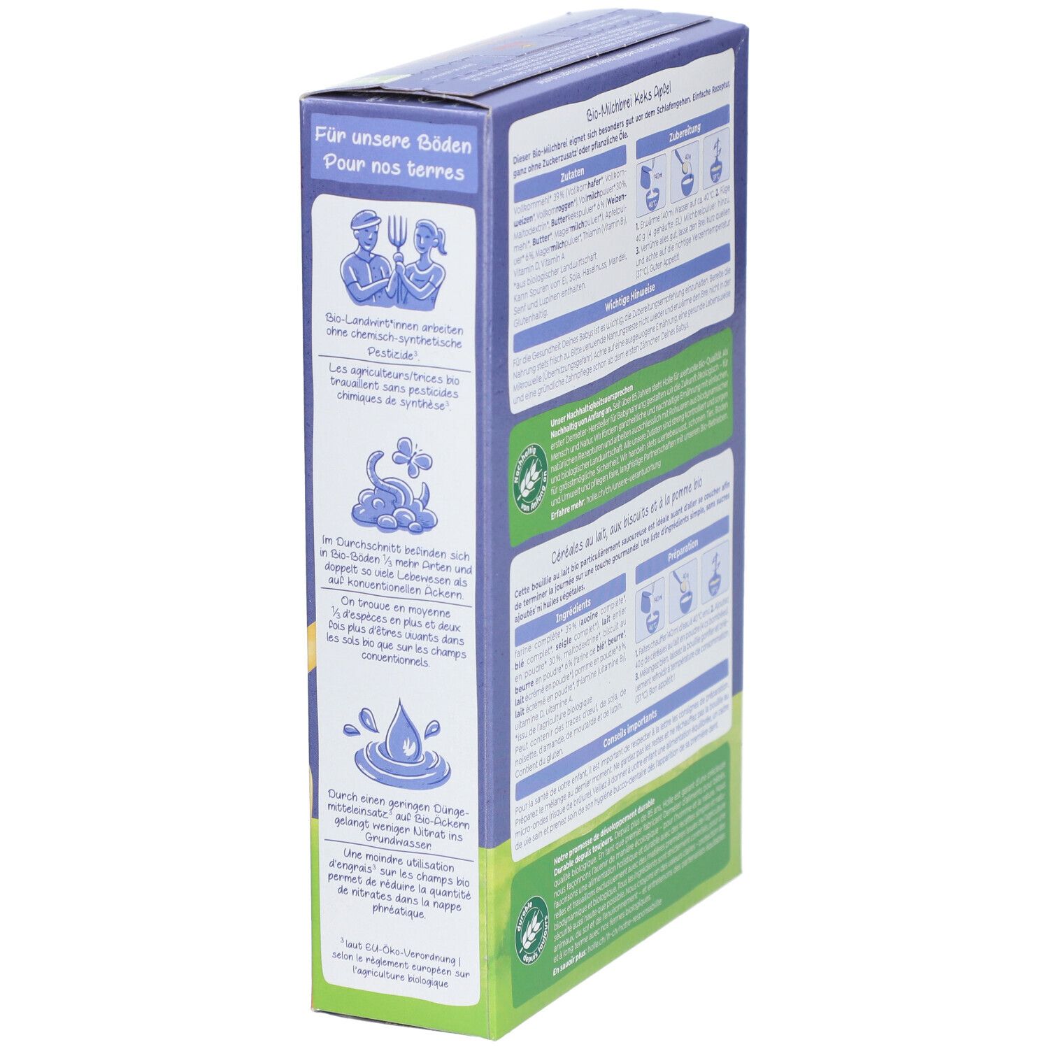 Seite der Holle Bio Milchbrei Keks Apfel Packung. Enthält Informationen über nachhaltige Landwirtschaft.