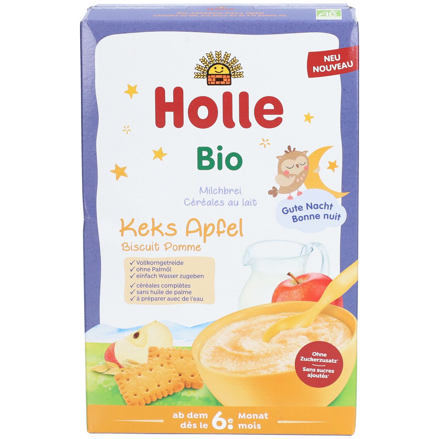 Holle Bio Milchbrei Keks Apfel Packung. Enthält Produktabbildung, Text und Logo. Ab dem 6. Monat.