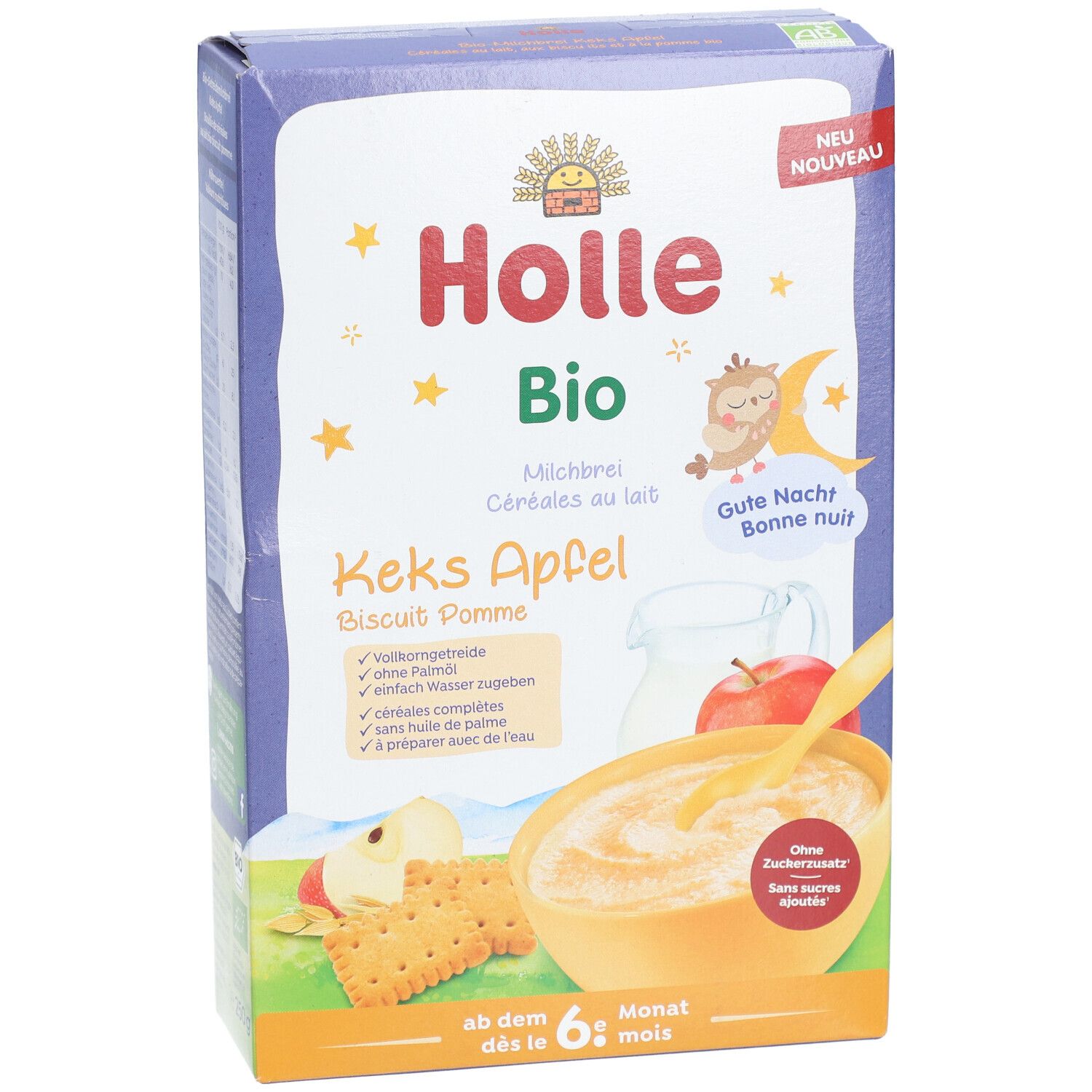 Holle Bio Milchbrei Keks Apfel Packung. Enthält Produktabbildung, Text und Logo. Ab dem 6. Monat.