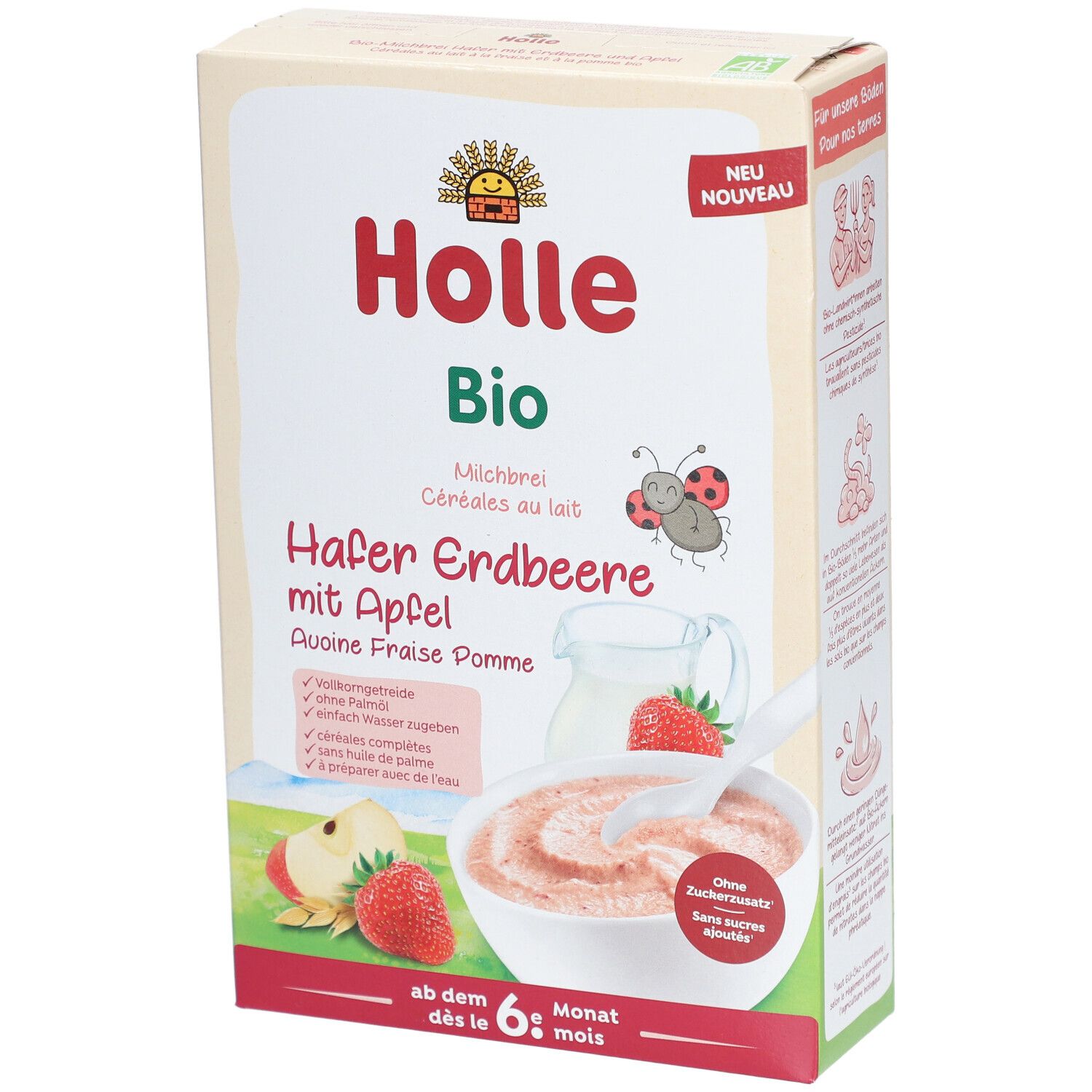 Holle Bio Hafer Erdbeere mit Apfel. Verpackung mit Produktabbildung, Erdbeere, Apfel, Brei. Text: ab dem 6. Monat.