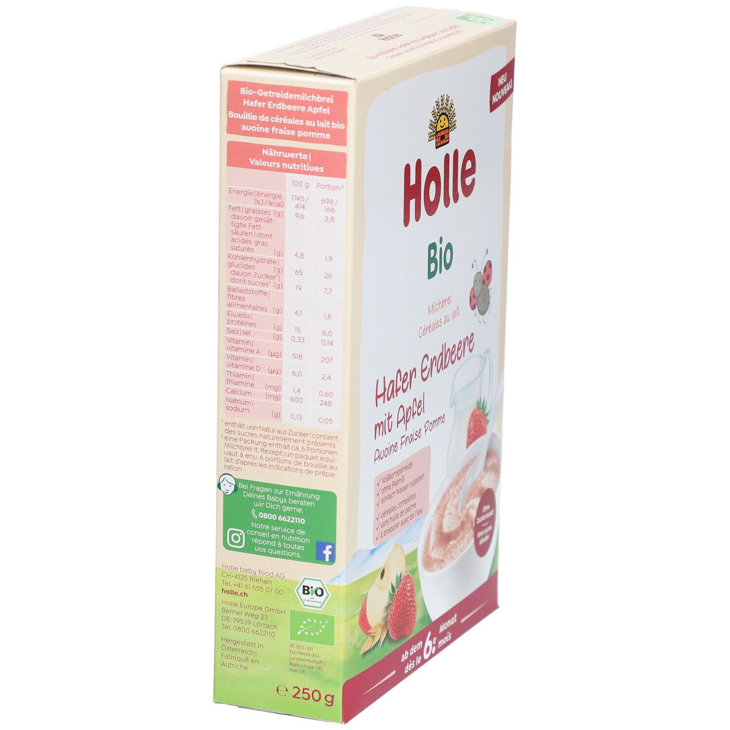 Holle Bio Hafer Erdbeere mit Apfel. Verpackung, Seitenansicht mit Nährwertangaben, Bio-Siegel, und Produktabbildung.