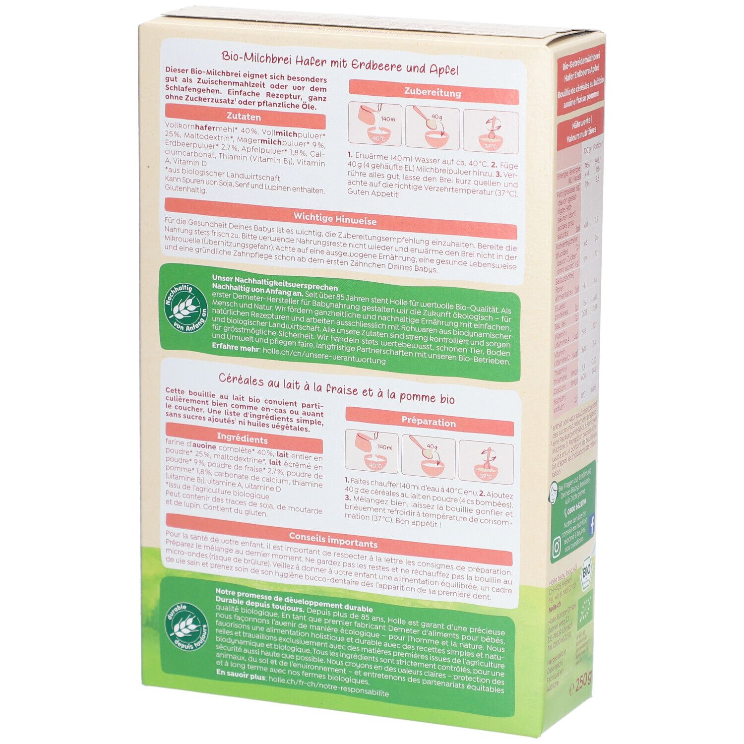 Holle Bio Hafer Erdbeere mit Apfel. Verpackung, Rückseite mit Zutaten, Zubereitungshinweisen und Bio-Siegel.