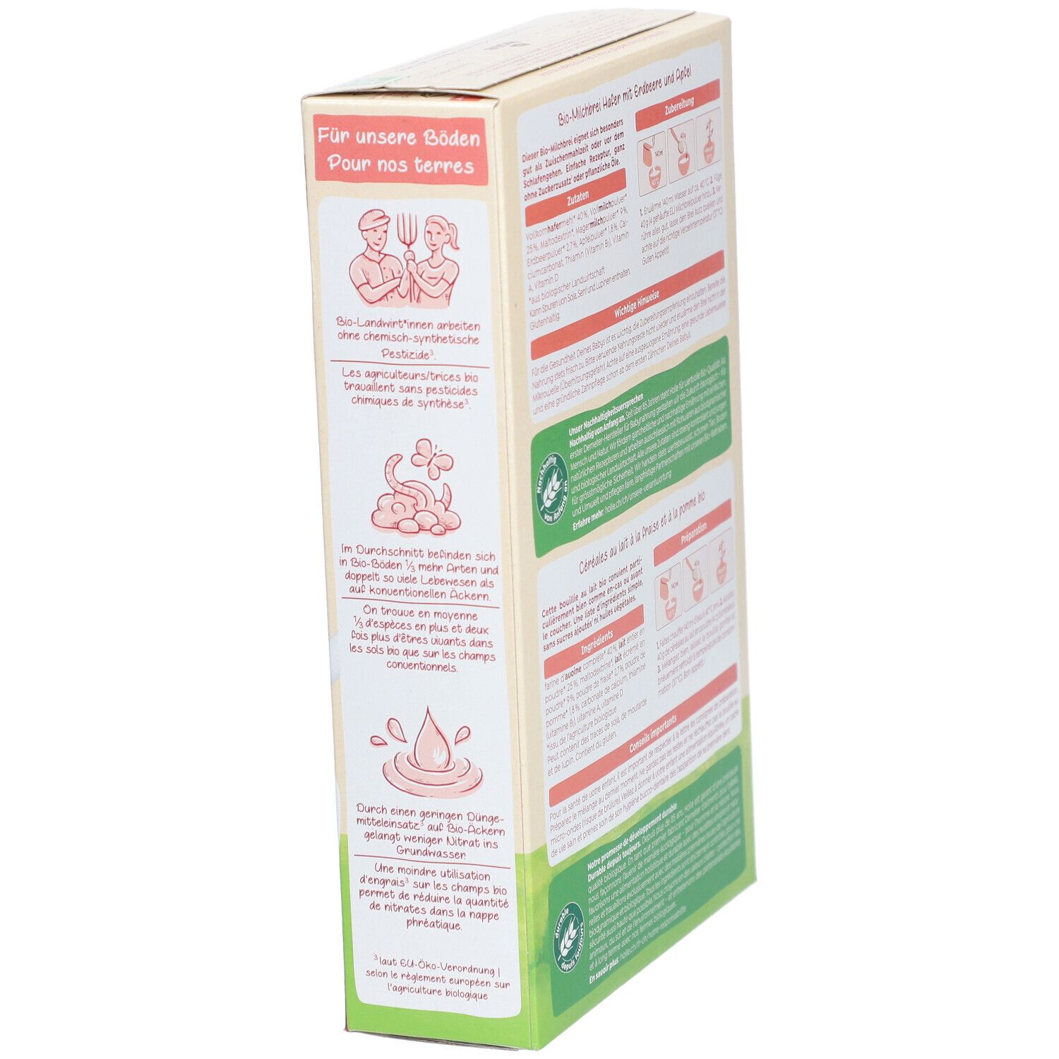 Holle Bio Hafer Erdbeere mit Apfel. Verpackung, Seite mit Informationen zu nachhaltiger Landwirtschaft und Bio-Siegel.