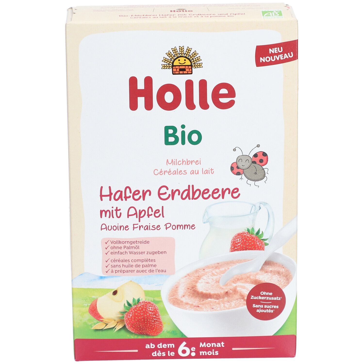 Holle Bio Hafer Erdbeere mit Apfel. Verpackung, Produktabbildung, Erdbeere, Apfel, Brei. Text: ab dem 6. Monat, ohne Zuckerzusatz.