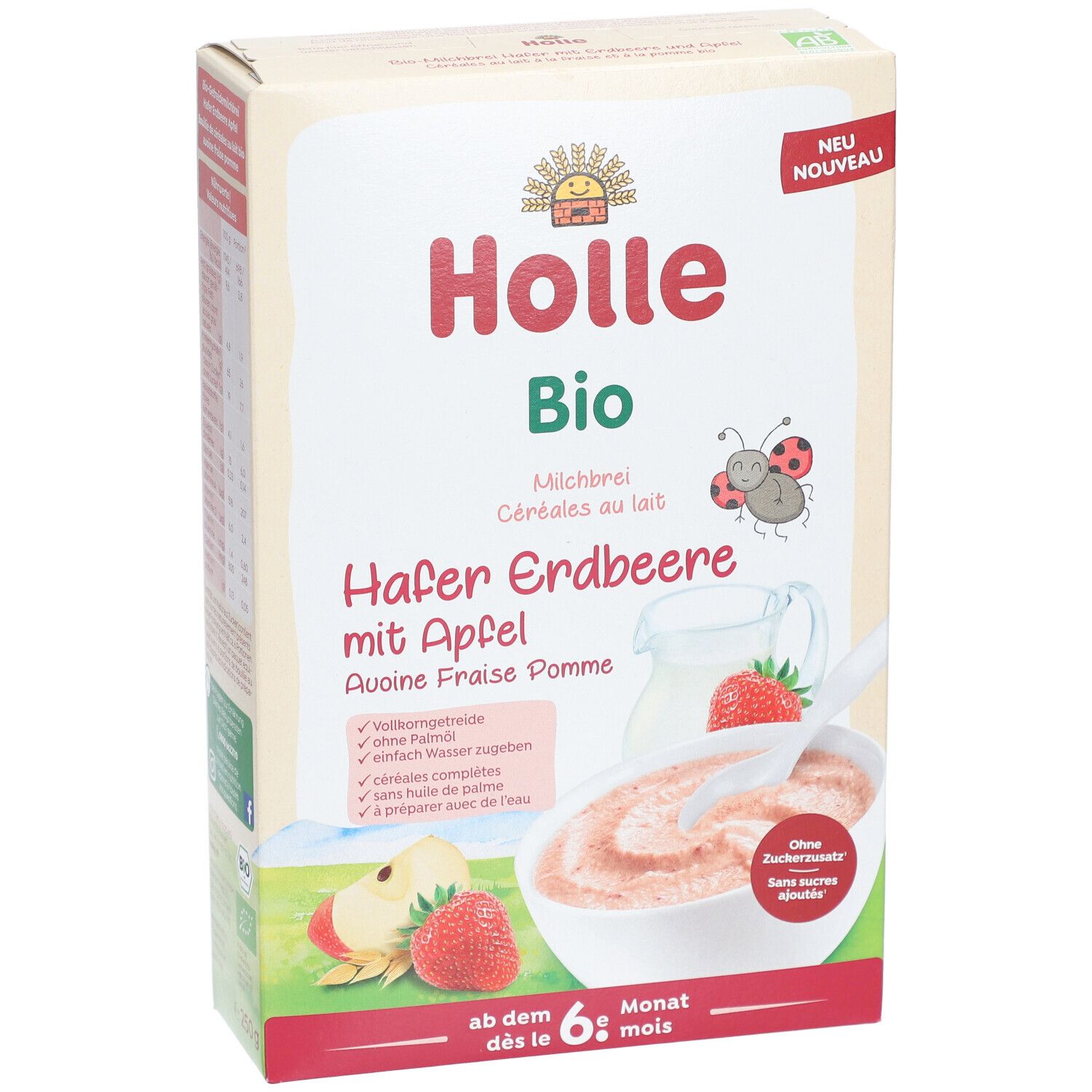 Holle Bio Hafer Erdbeere mit Apfel. Verpackung, Produktabbildung, Erdbeere, Apfel, Brei. Text: ab dem 6. Monat, ohne Zuckerzusatz.