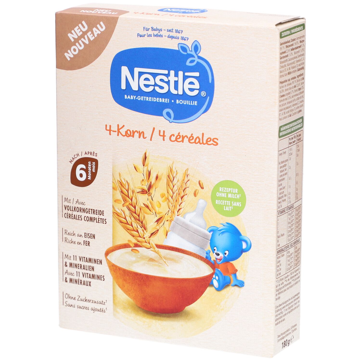 Boîte de NESTLÉ Baby 4-Korn-Brei. Inscription : 4-Korn, après 6 mois. Illustration de céréales, bouillie, biberon et ours en peluche.